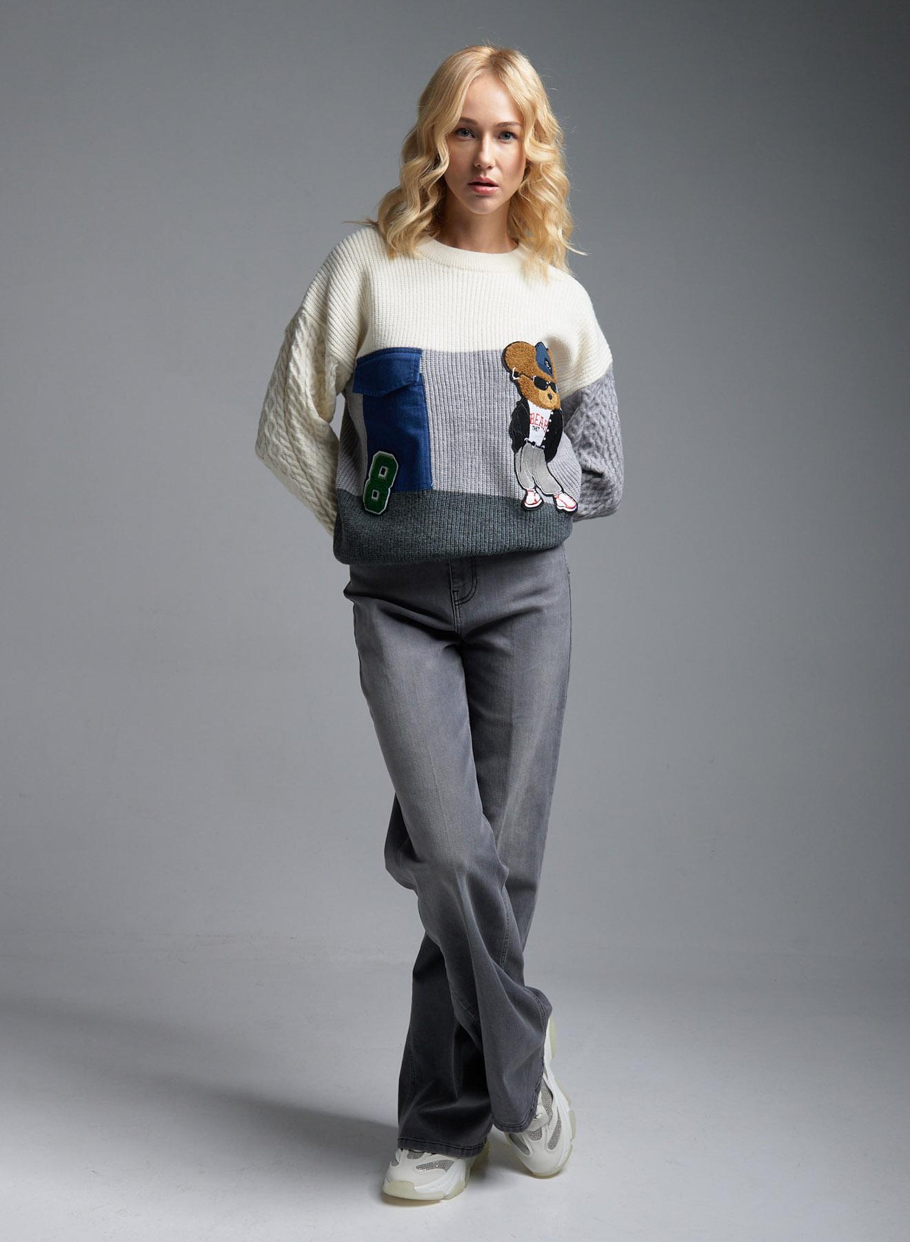 Ecru-Grey Sweater with round neckline and with decorative patches Jean Louis Francoise - 2