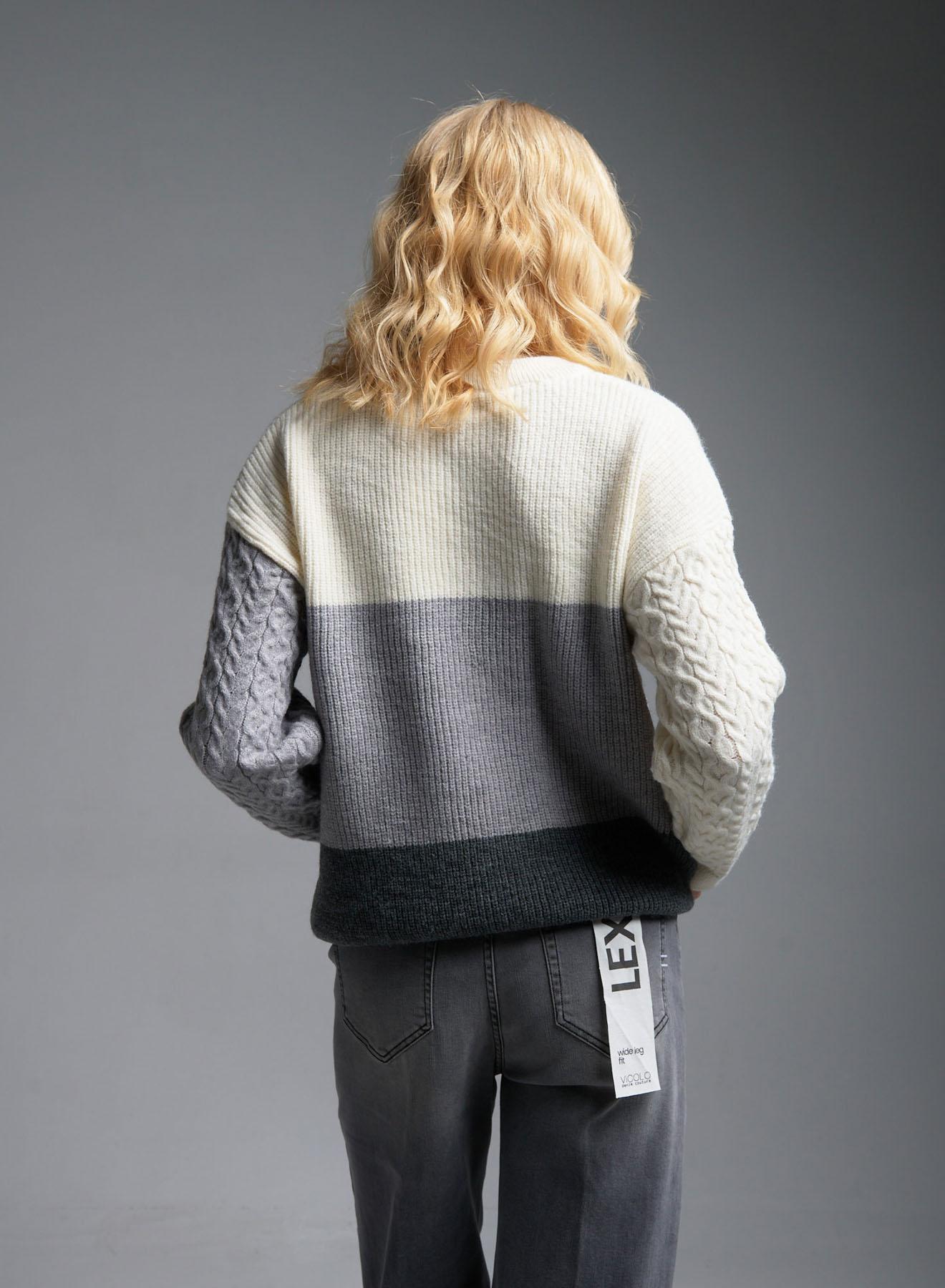 Ecru-Grey Sweater with round neckline and with decorative patches Jean Louis Francoise - 5