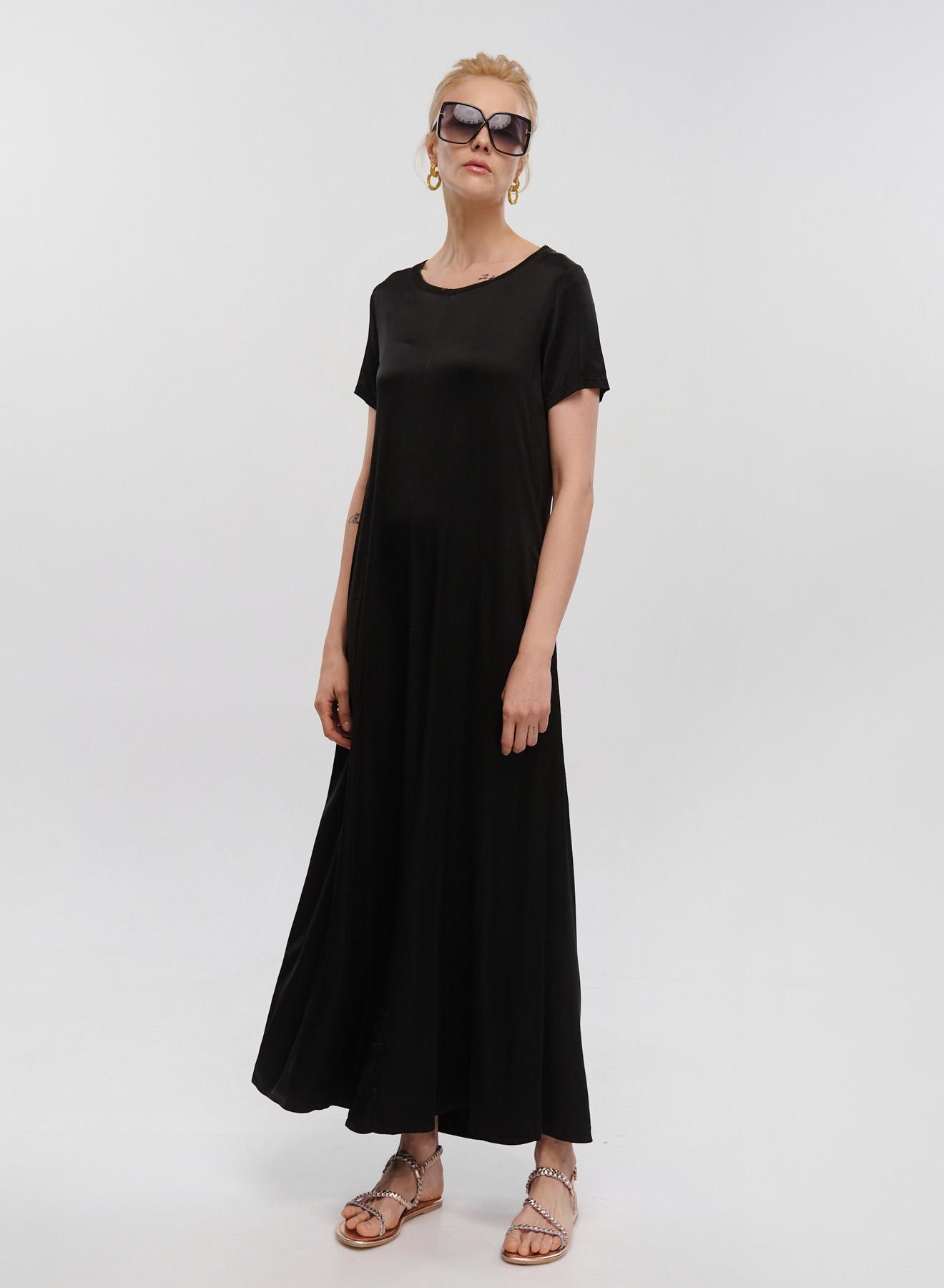 Black silky touch long Dress with short sleeves Tensione In - 1