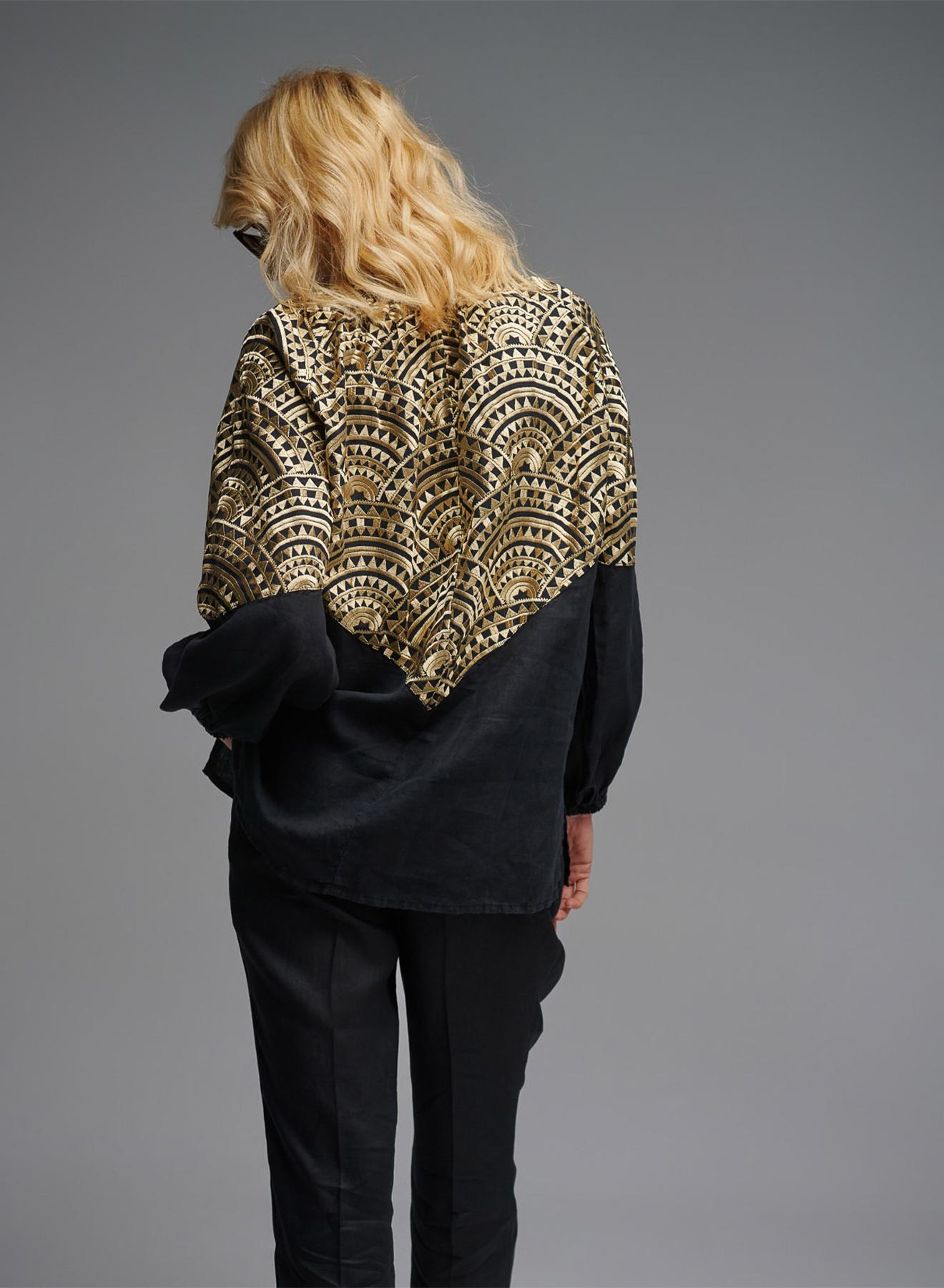 Black-Gold new All Over Linen Blouse with puffy long sleeves and with V neckline Greek Archaic Kori - 5