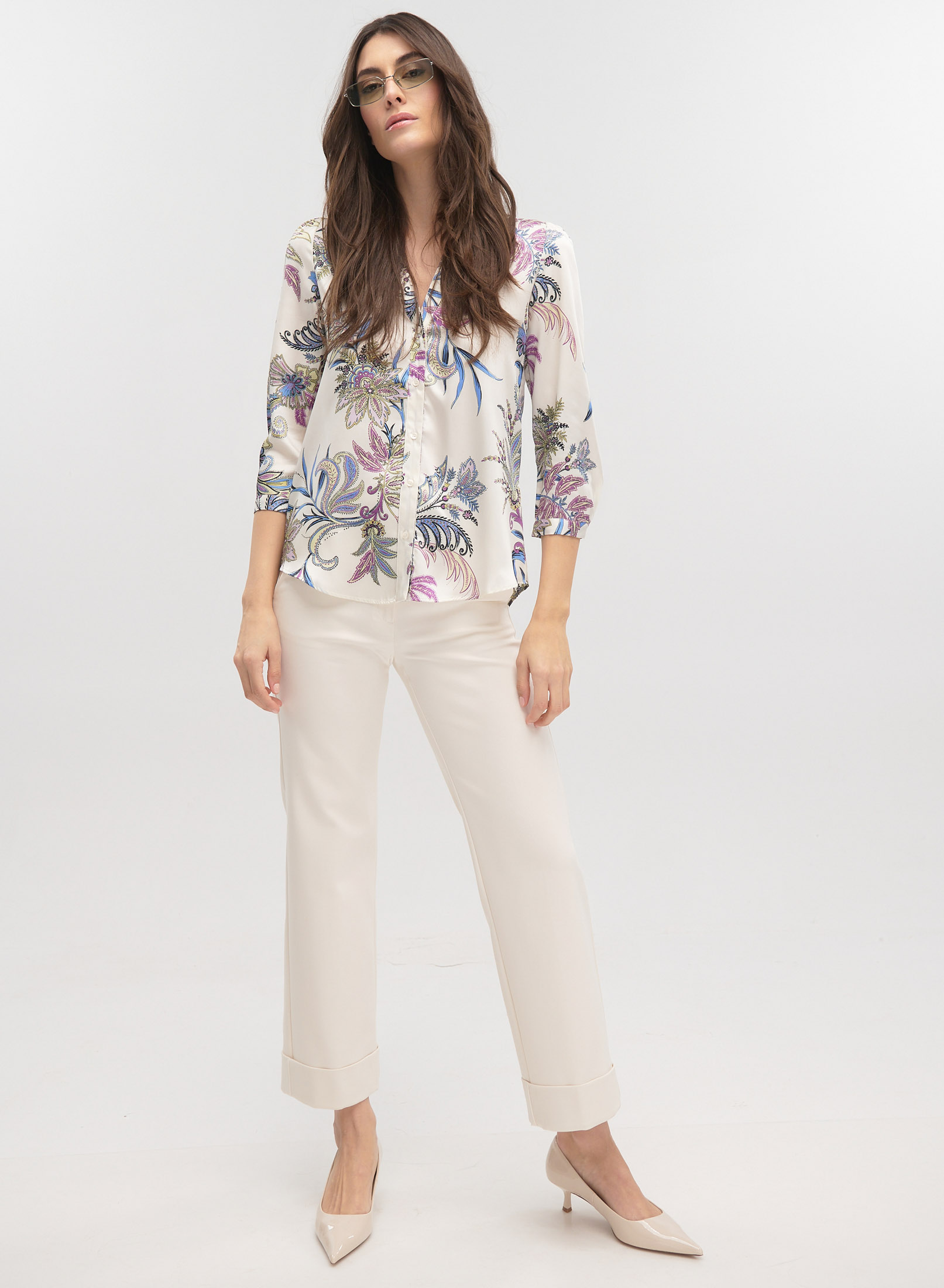 Κρεμ φλοράλ Μπλούζα twill με σχέδια Emme Marella - 5