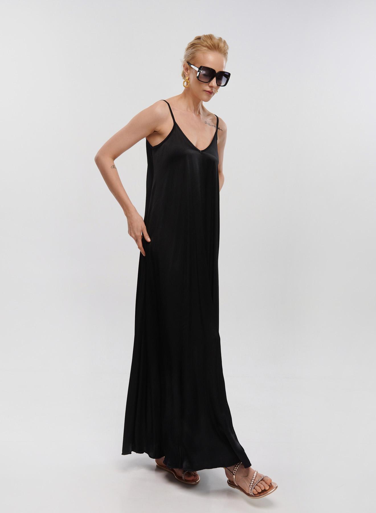 Black silky touch long Dress with straps La Liberta - 2