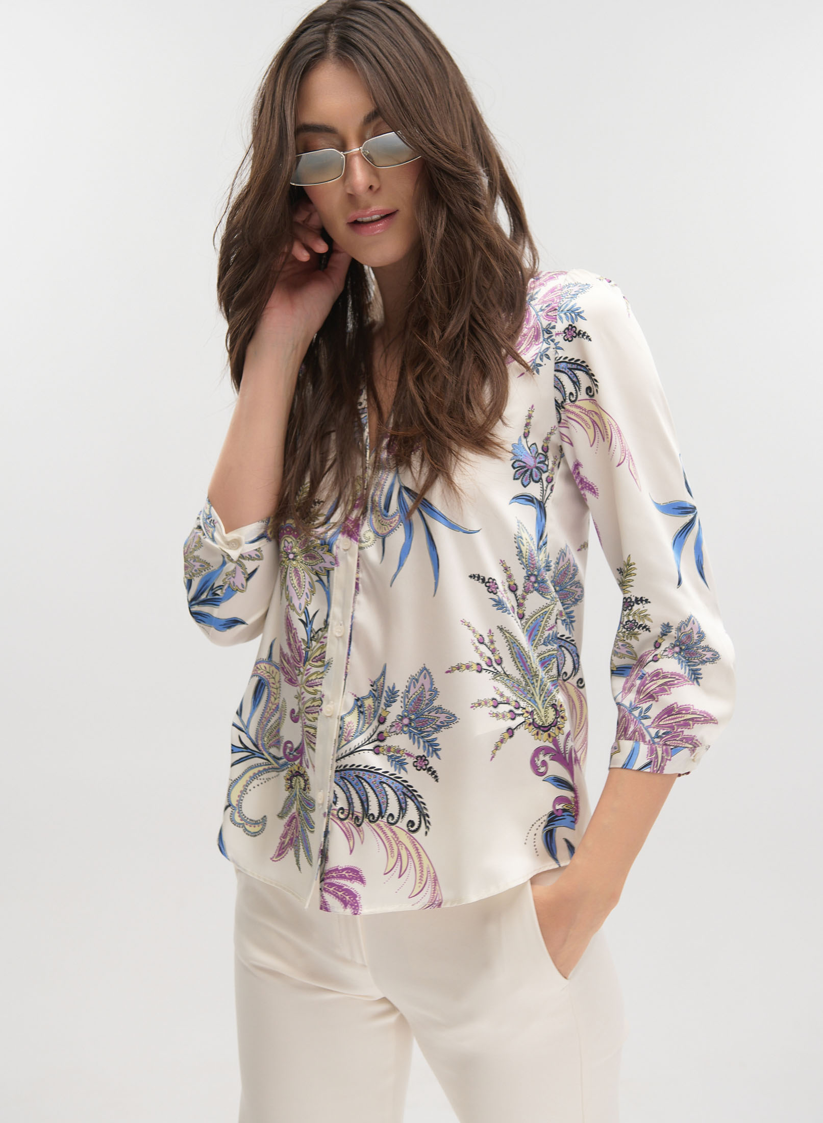 Κρεμ φλοράλ Μπλούζα twill με σχέδια Emme Marella - 2
