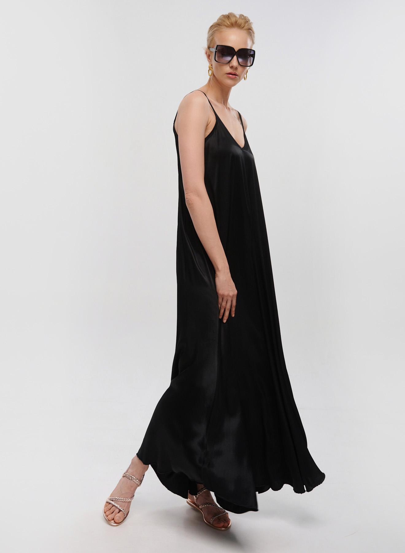 Black silky touch long Dress with straps La Liberta - 4