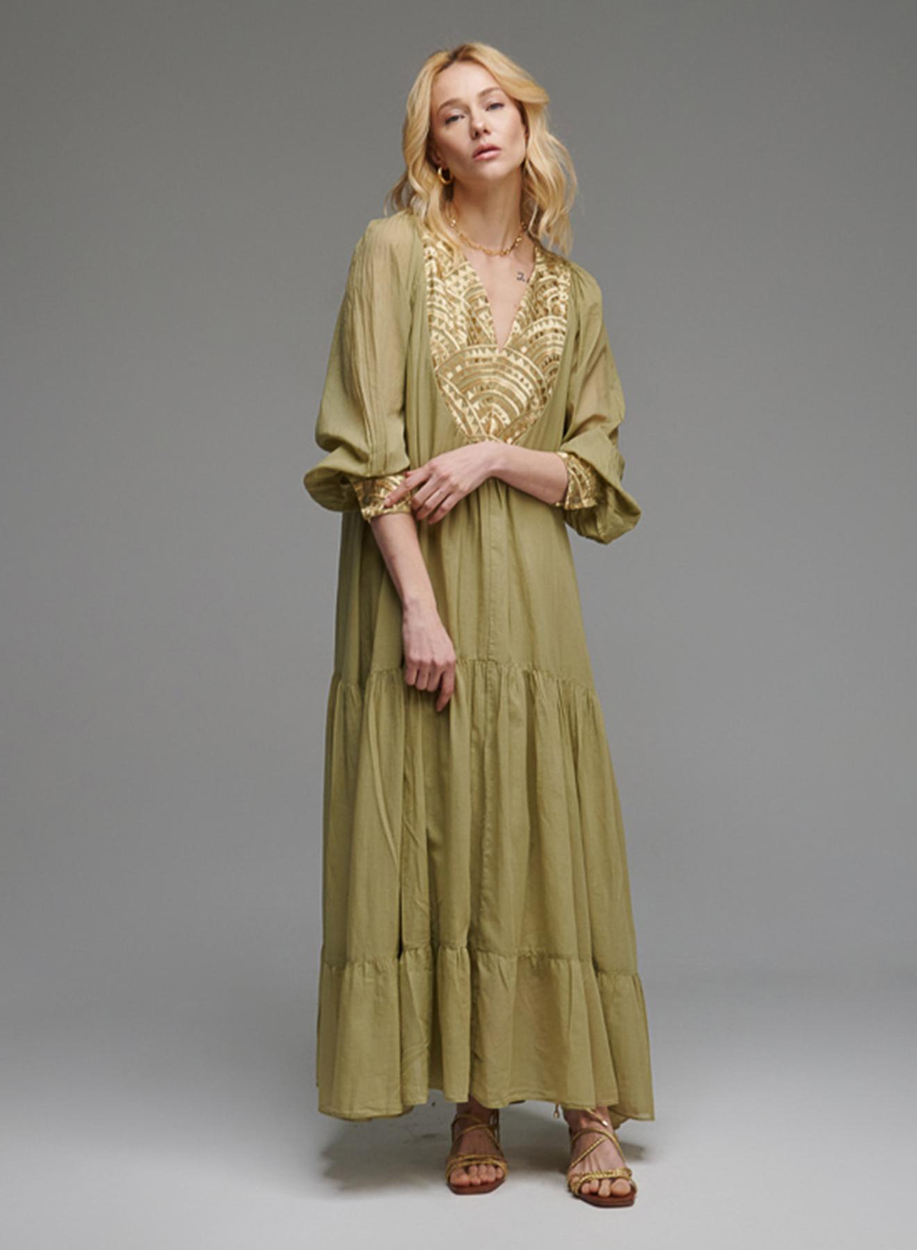 Tea-Gold long new All Over Dress with long sleeves Greek Archaic Kori - 4