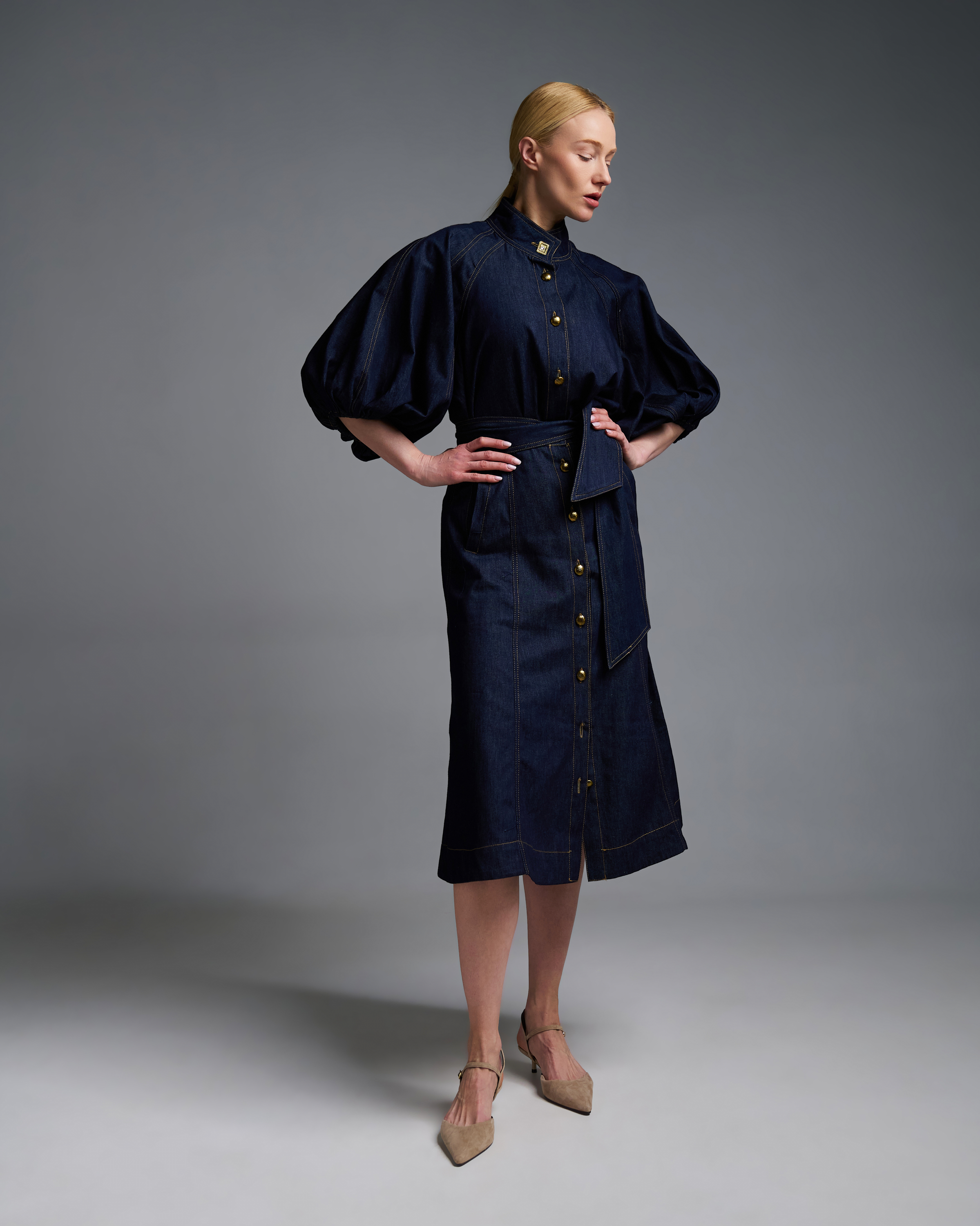 Navy Blue denim Skirt with buttons Royal - 2