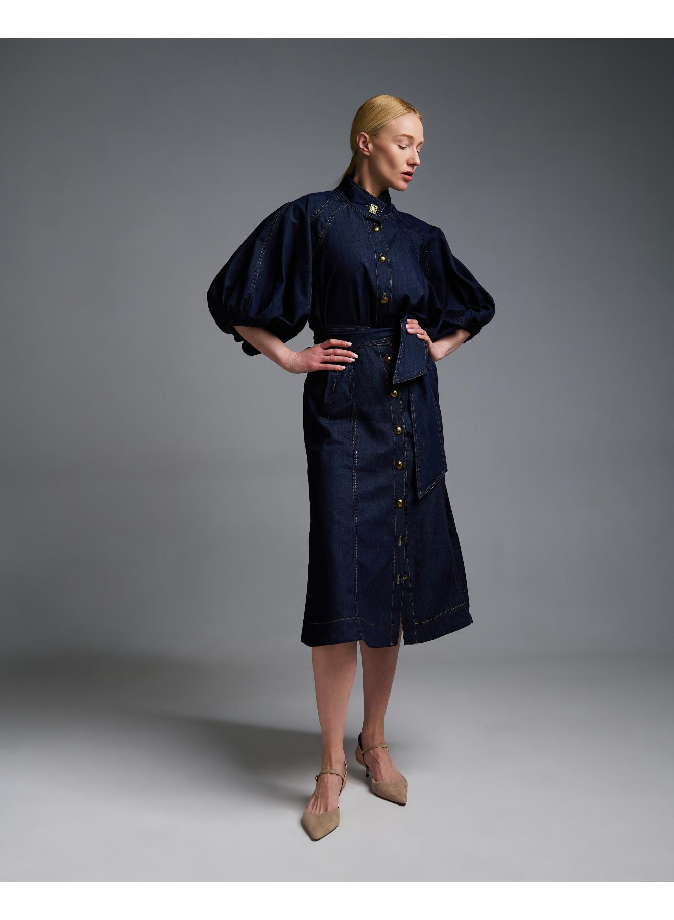 Navy Blue denim Skirt with buttons Royal - 3