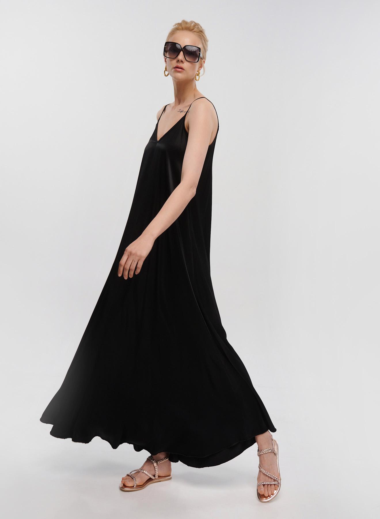 Black silky touch long Dress with straps La Liberta - 1