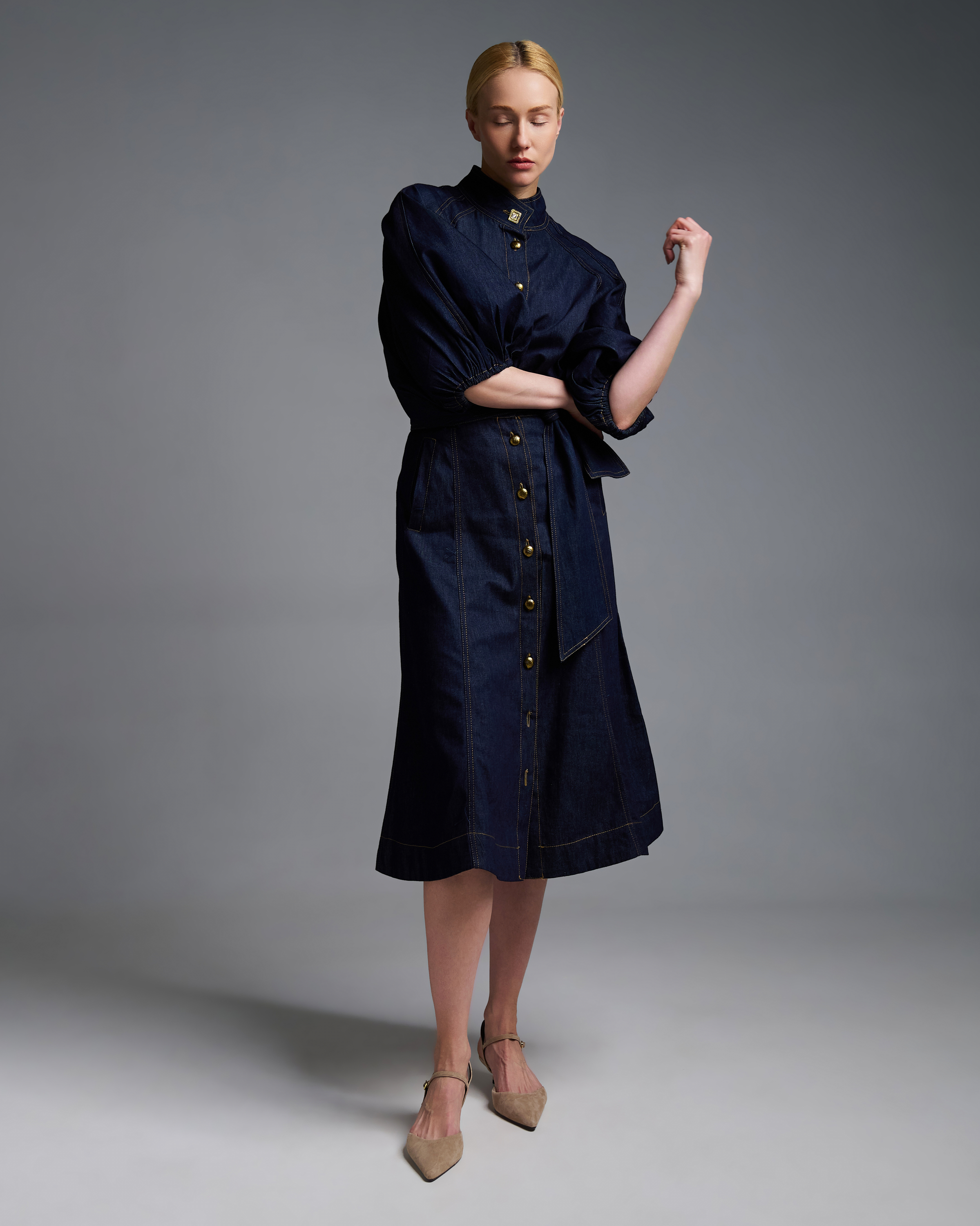 Navy Blue denim Skirt with buttons Royal - 3