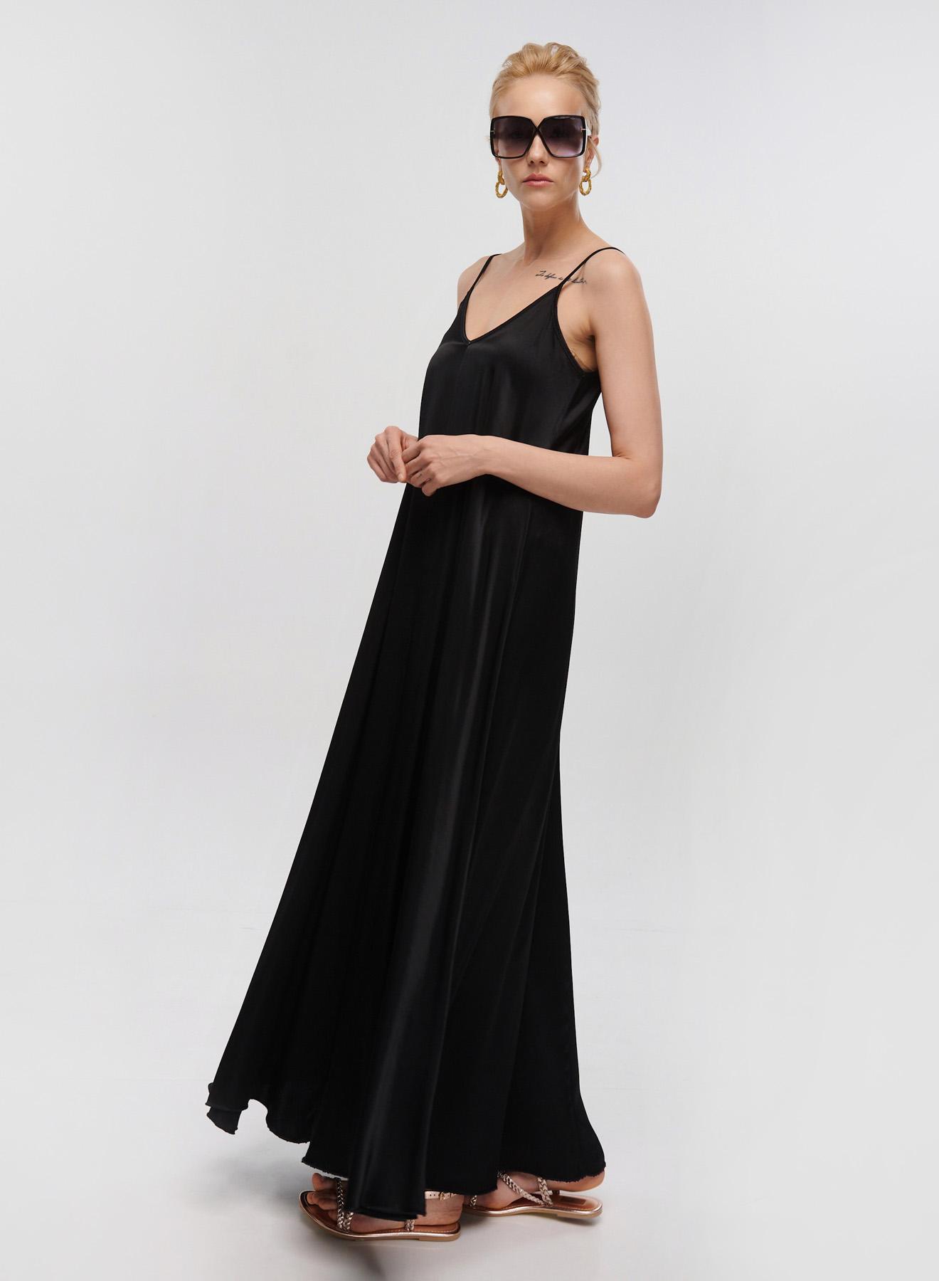 Black silky touch long Dress with straps La Liberta - 5