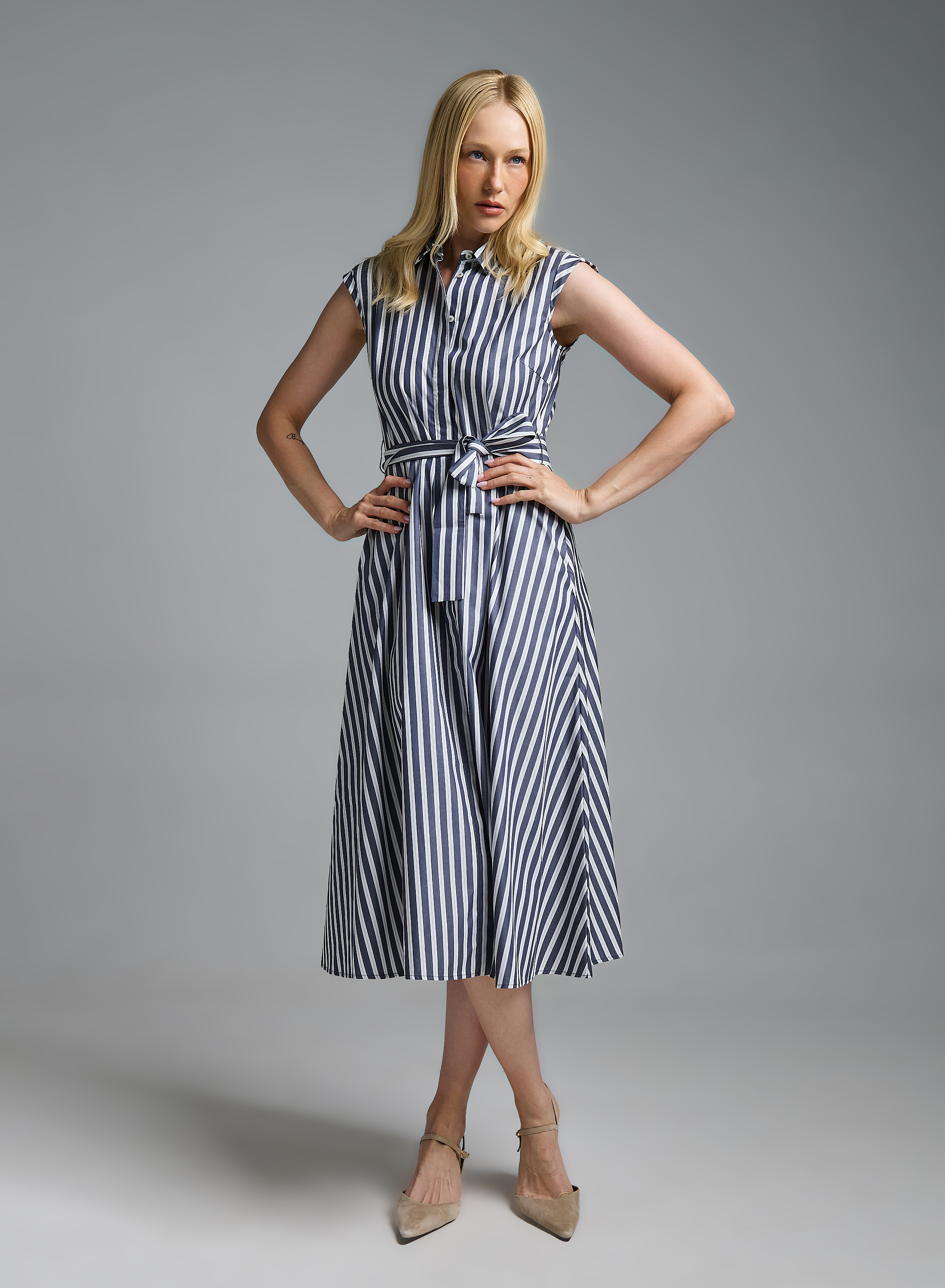 Navy Blue-Λευκό Πουκαμισοφόρεμα ποπλίνα με ζώνη Emme Marella - 2