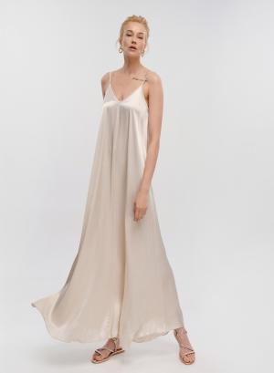 Light Beige silky touch long Dress with straps La Liberta - 32941