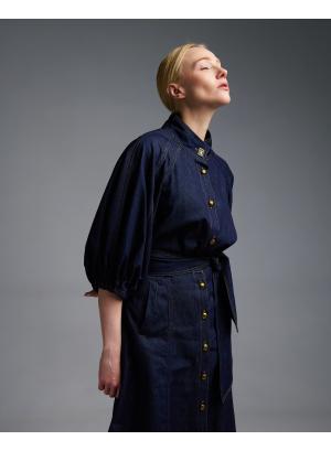 Navy Blue denim Shirt with three quarters balloon sleeves Royal - 55821