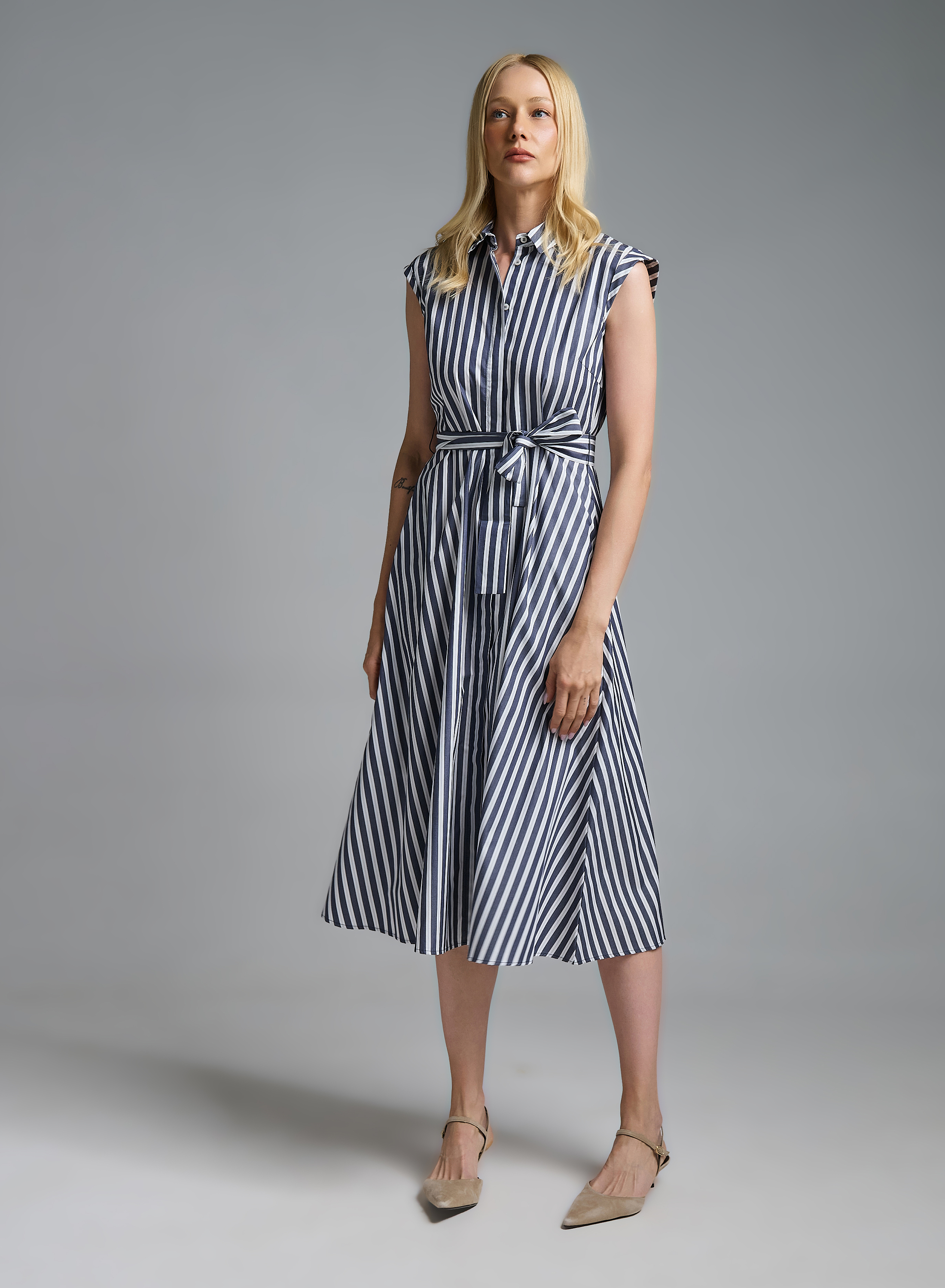 Navy Blue-Λευκό Πουκαμισοφόρεμα ποπλίνα με ζώνη Emme Marella - 0