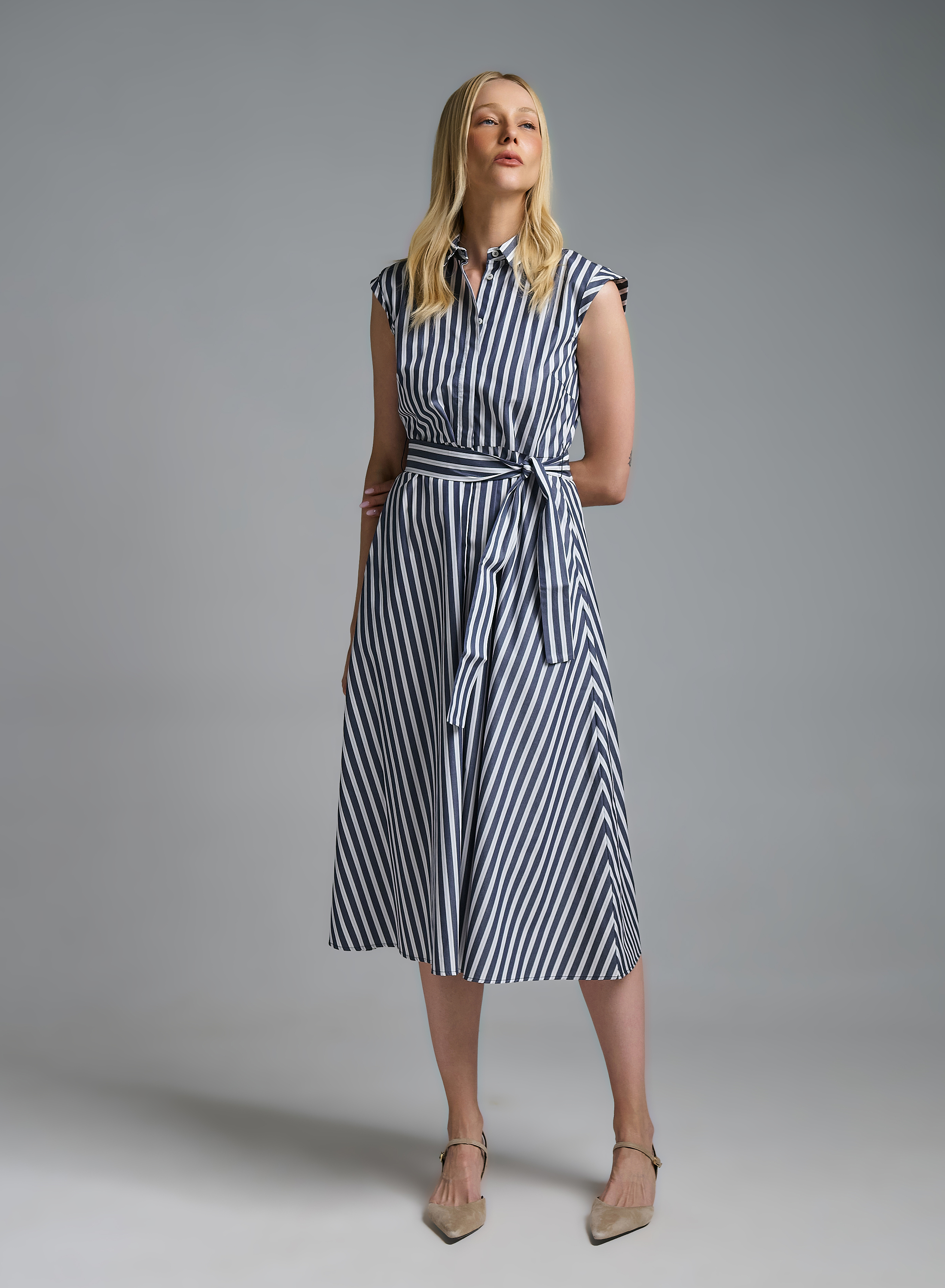 Navy Blue-Λευκό Πουκαμισοφόρεμα ποπλίνα με ζώνη Emme Marella - 3