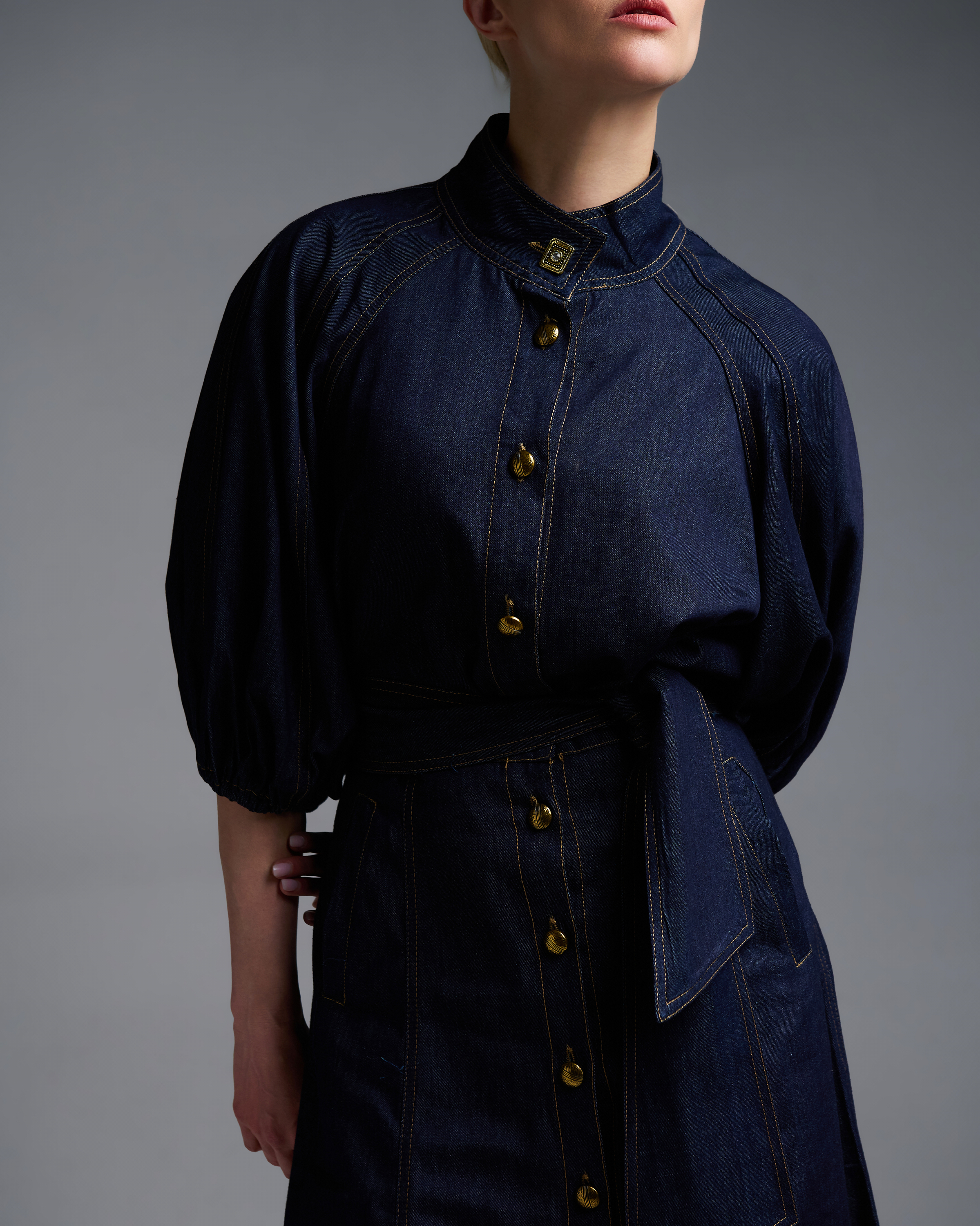 Navy Blue denim Shirt with three quarters balloon sleeves Royal - 2
