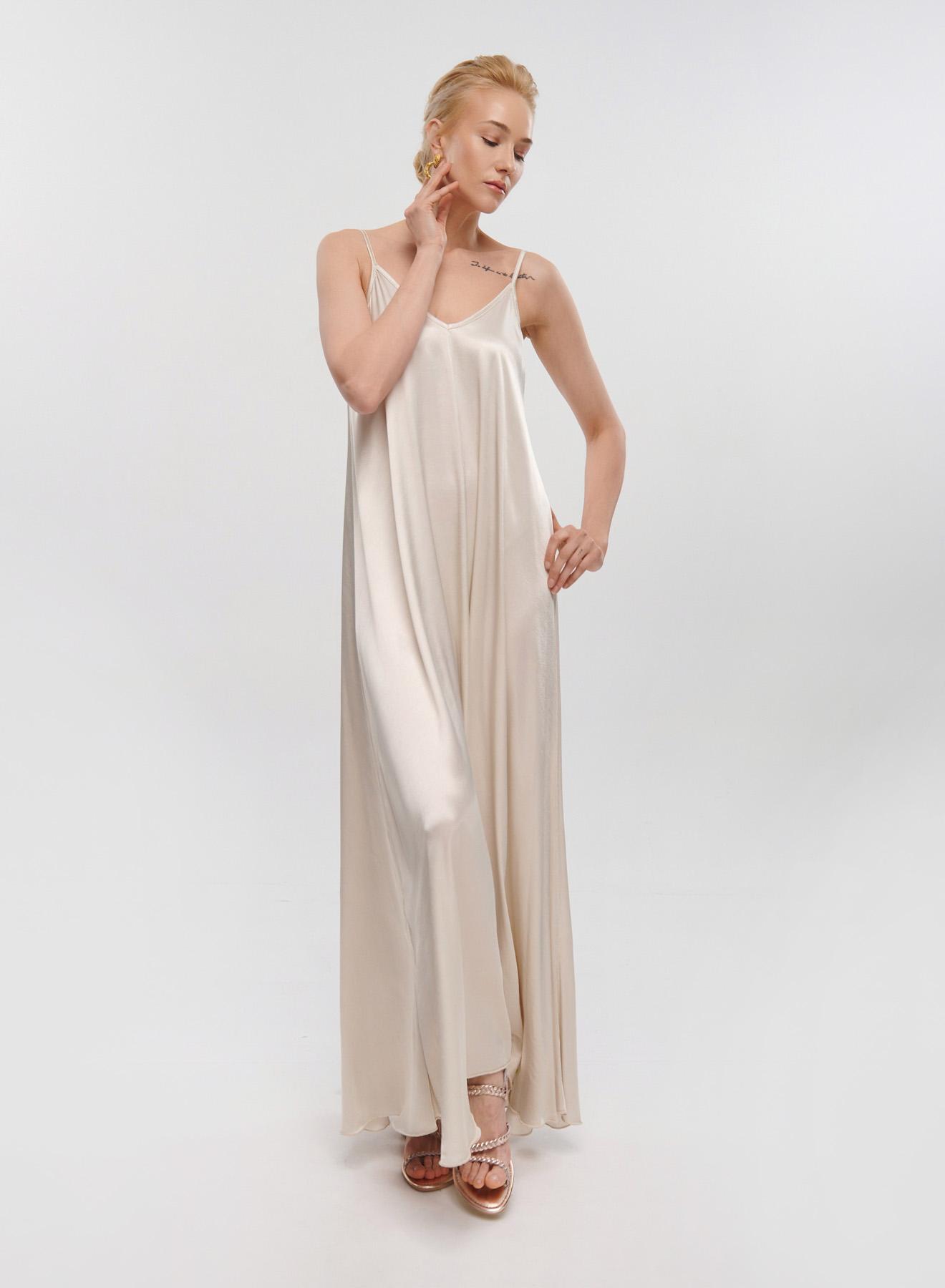 Light Beige silky touch long Dress with straps La Liberta - 3