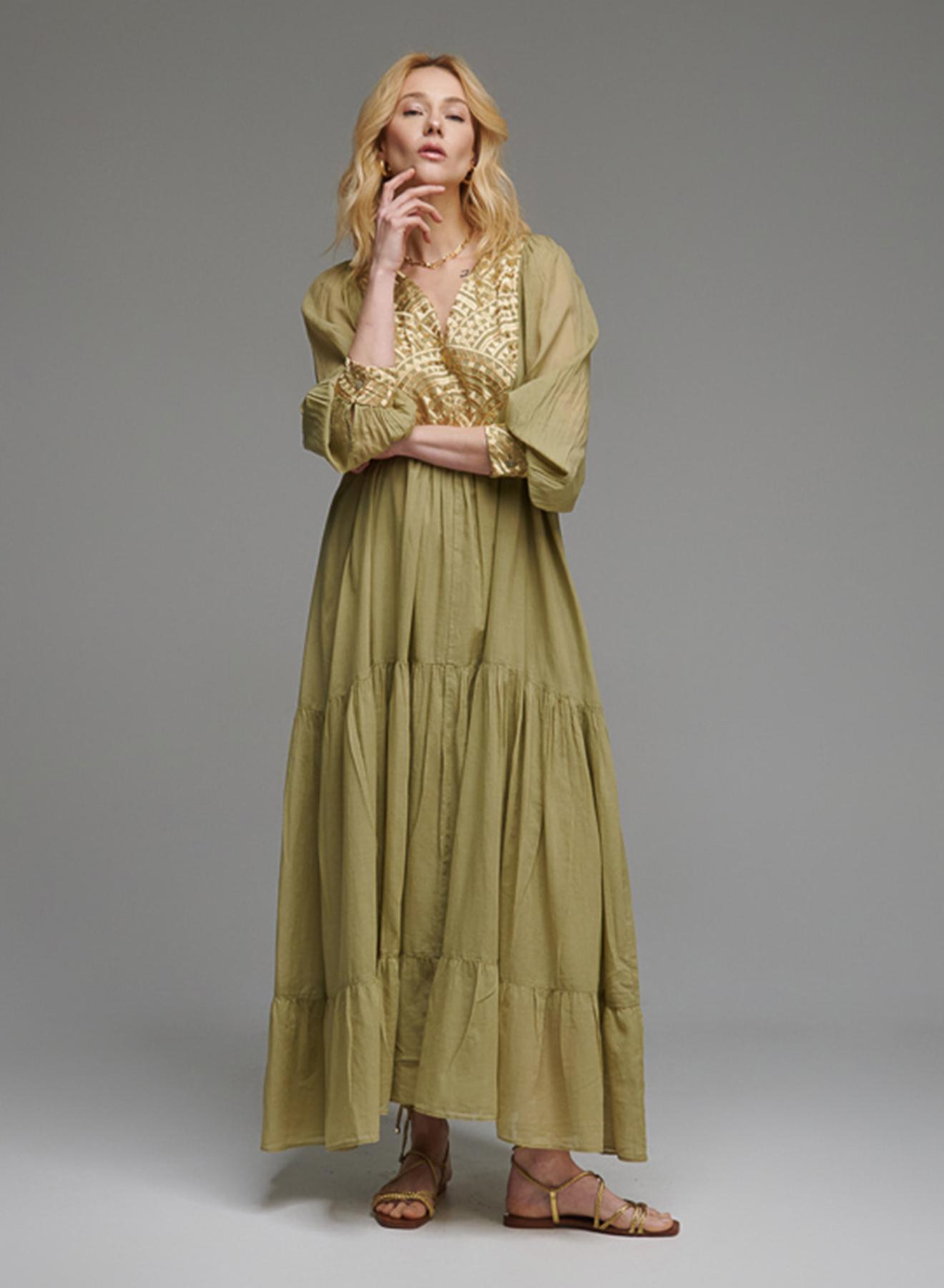 Tea-Gold long new All Over Dress with long sleeves Greek Archaic Kori - 1