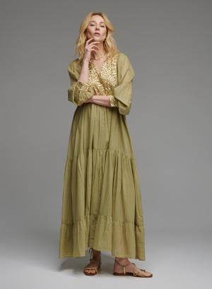 Tea-Gold long new All Over Dress with long sleeves Greek Archaic Kori - 31488
