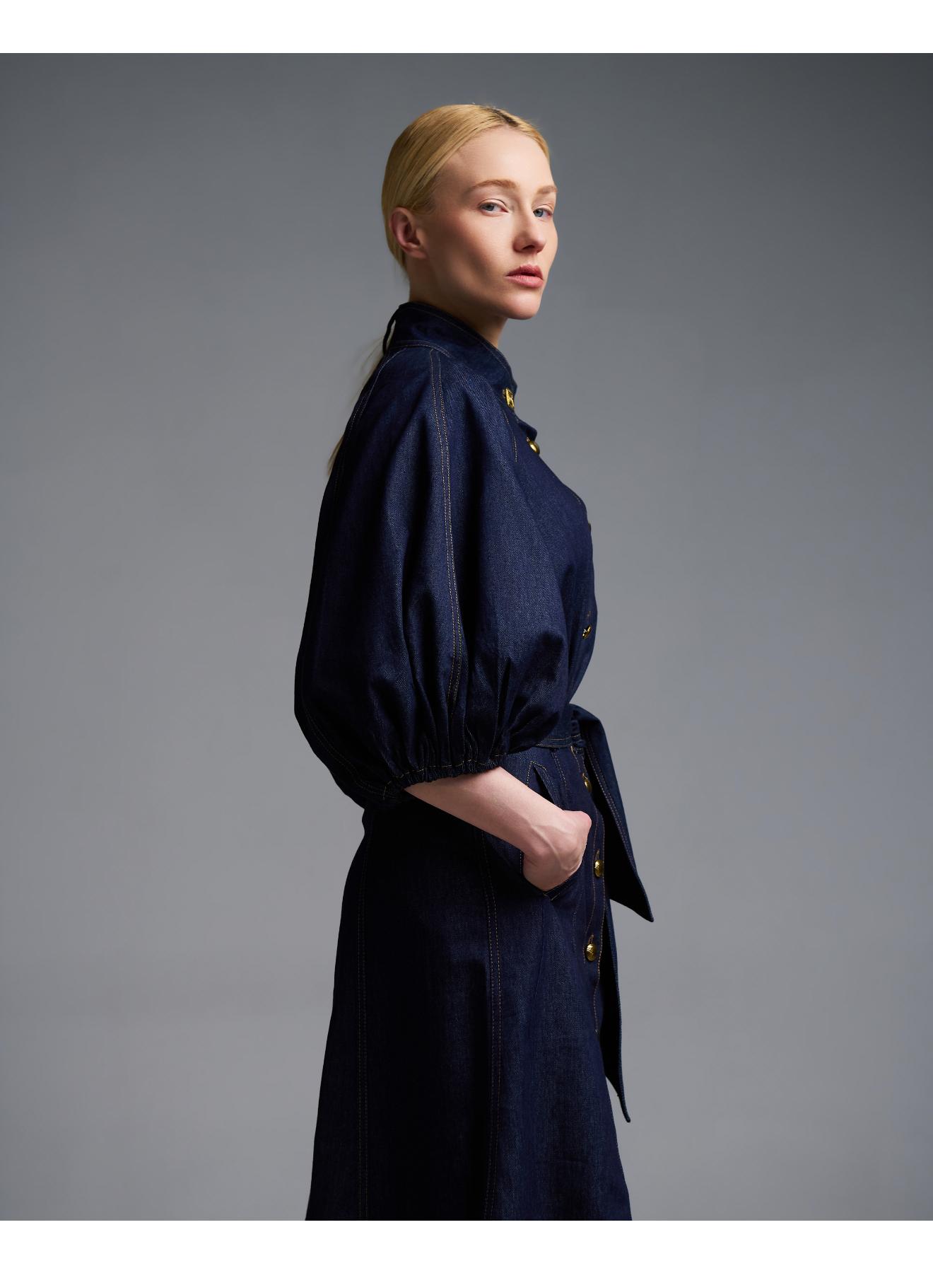 Navy Blue denim Shirt with three quarters balloon sleeves Royal - 5