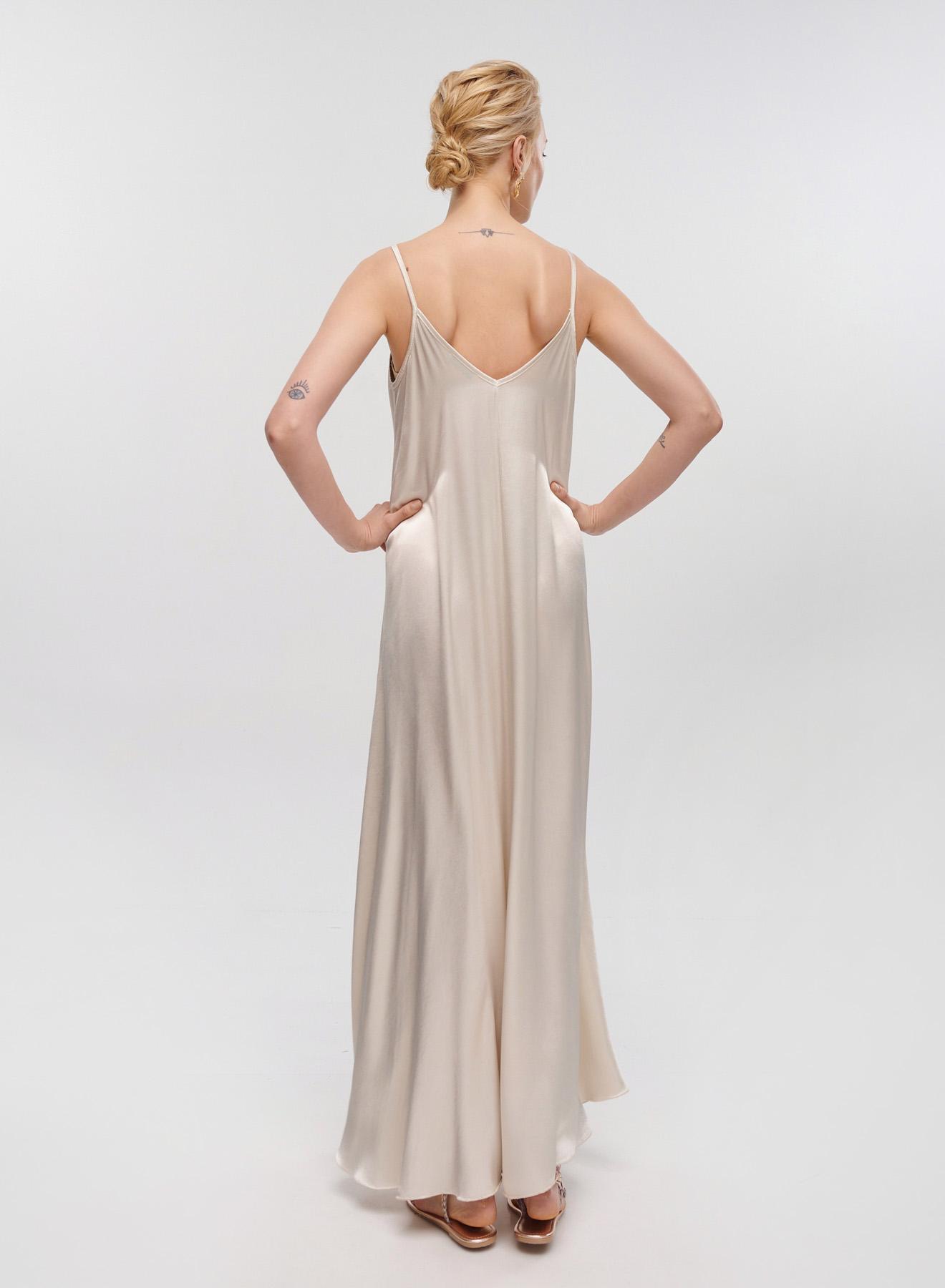 Light Beige silky touch long Dress with straps La Liberta - 2