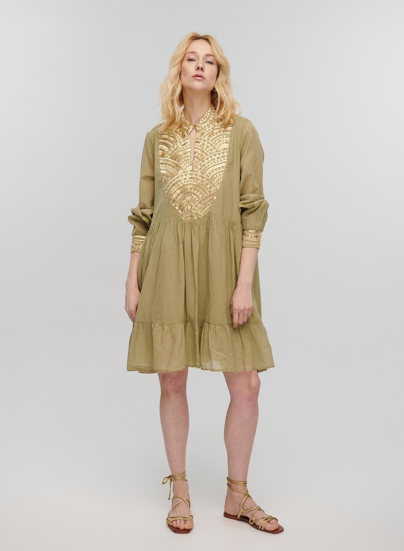 Tea-Gold short new All Over Dress with long sleeves Greek Archaic Kori - 1