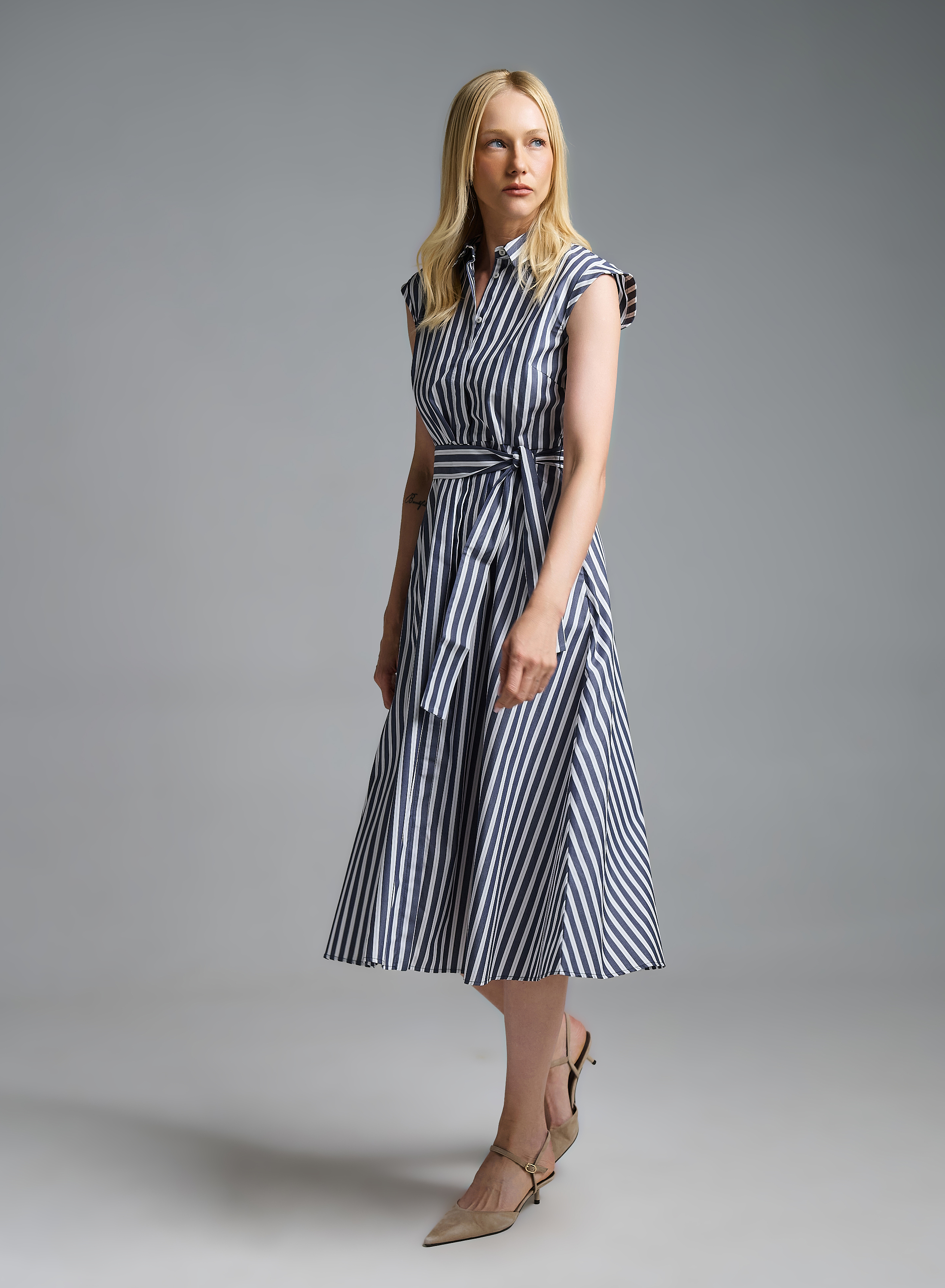 Navy Blue-Λευκό Πουκαμισοφόρεμα ποπλίνα με ζώνη Emme Marella - 5