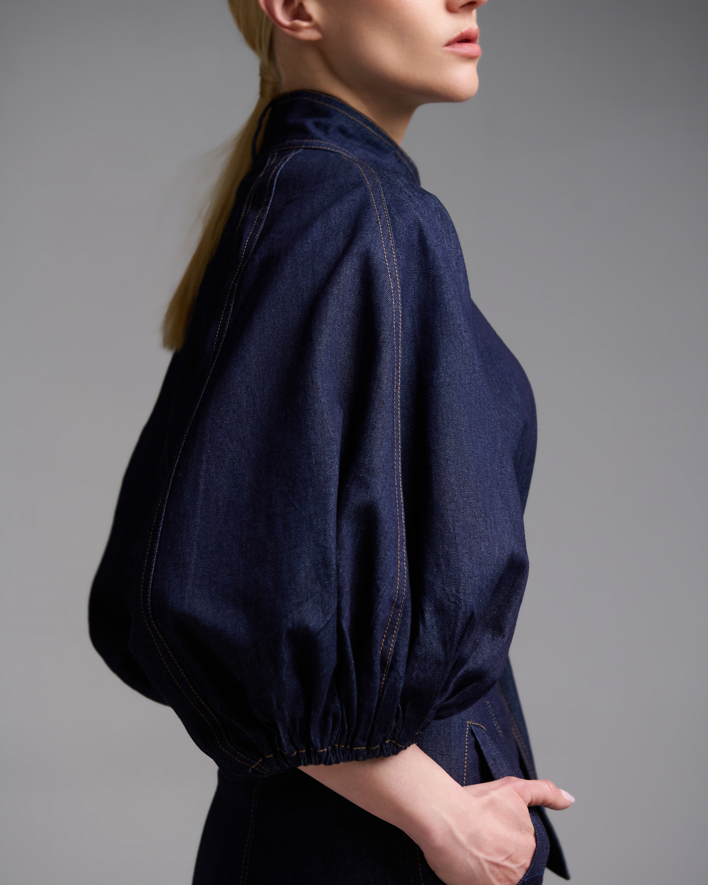 Navy Blue denim Shirt with three quarters balloon sleeves Royal - 5