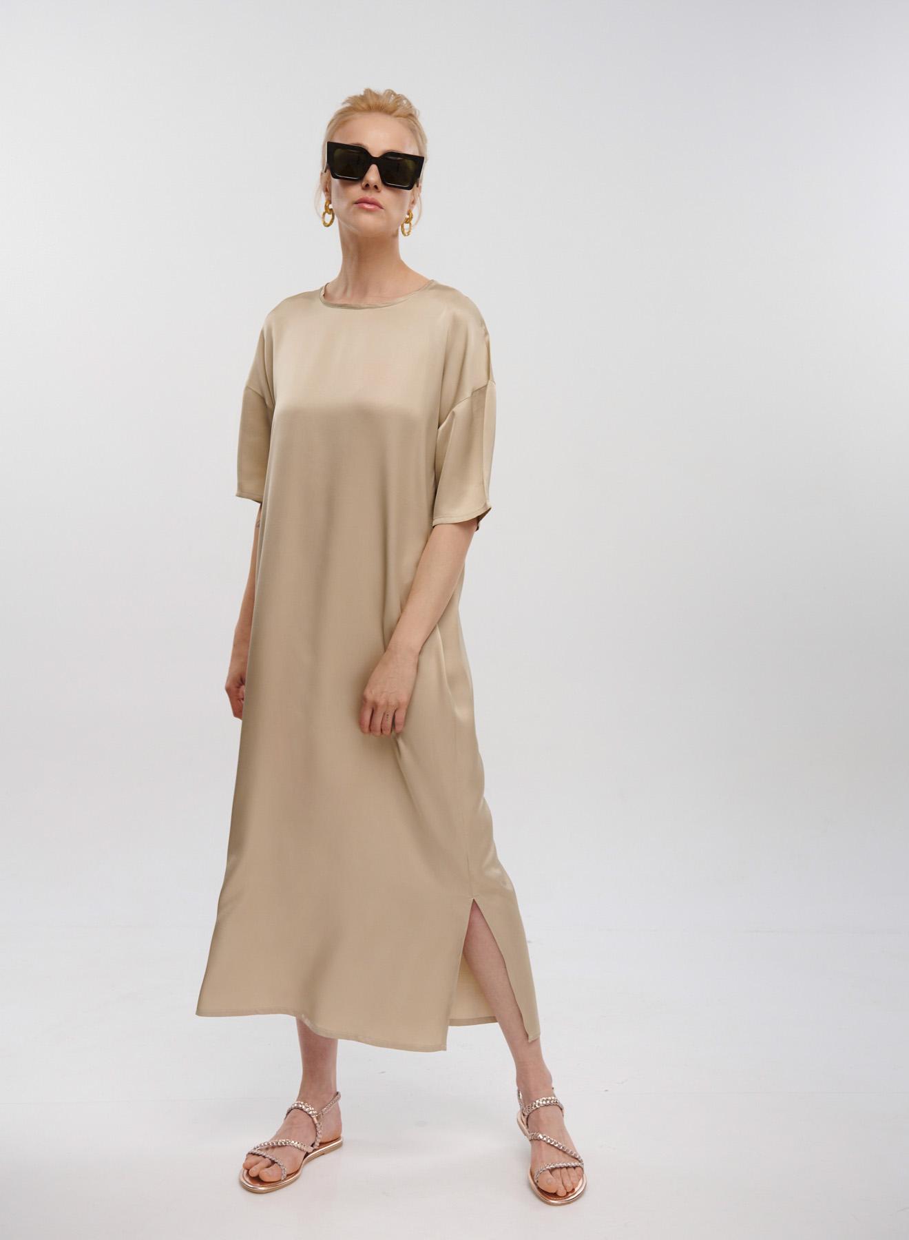 Beige silky touch long Dress with short sleeves Clothe - 1