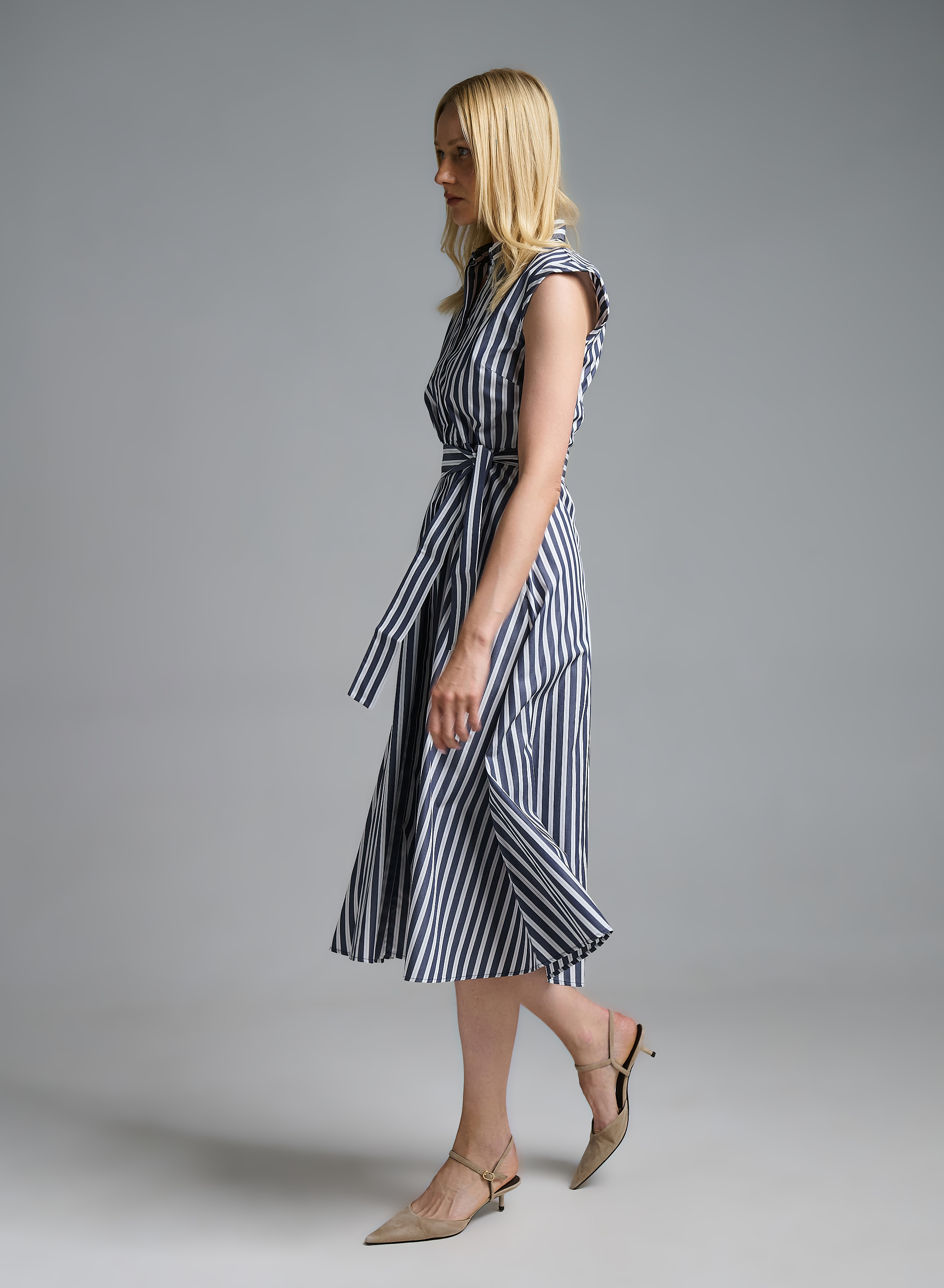 Navy Blue-Λευκό Πουκαμισοφόρεμα ποπλίνα με ζώνη Emme Marella - 6