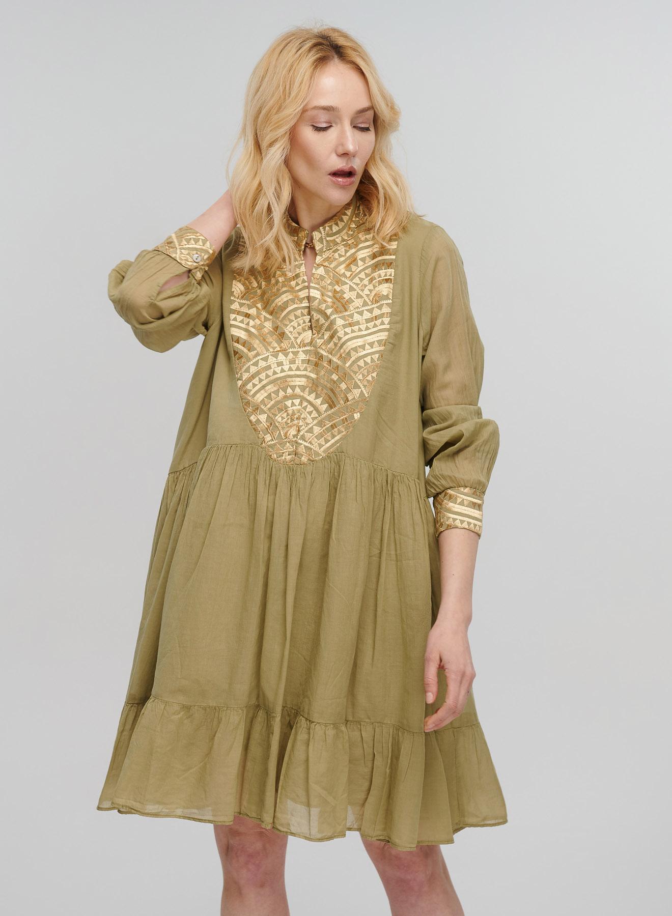 Tea-Gold short new All Over Dress with long sleeves Greek Archaic Kori - 2