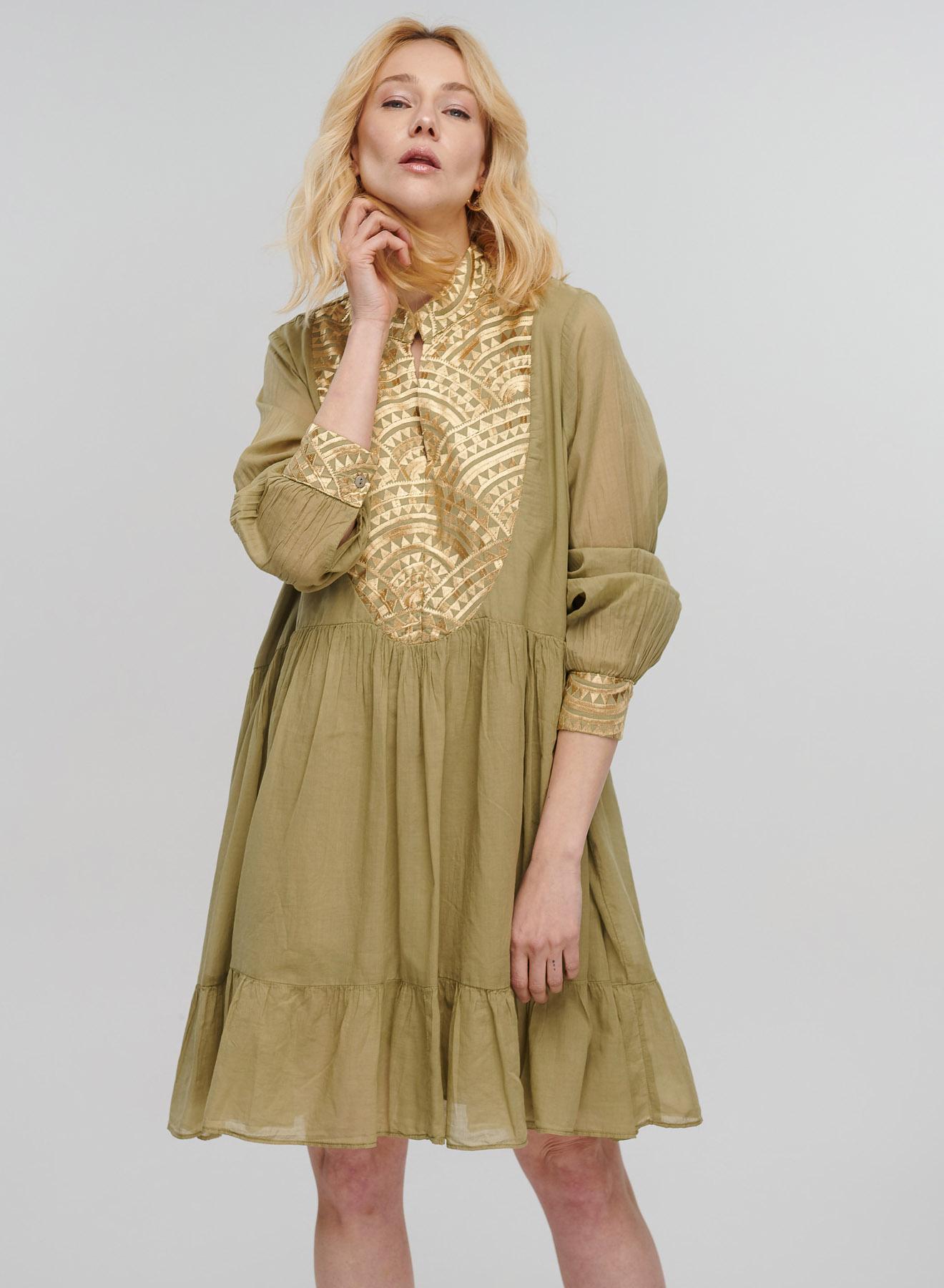Tea-Gold short new All Over Dress with long sleeves Greek Archaic Kori - 3
