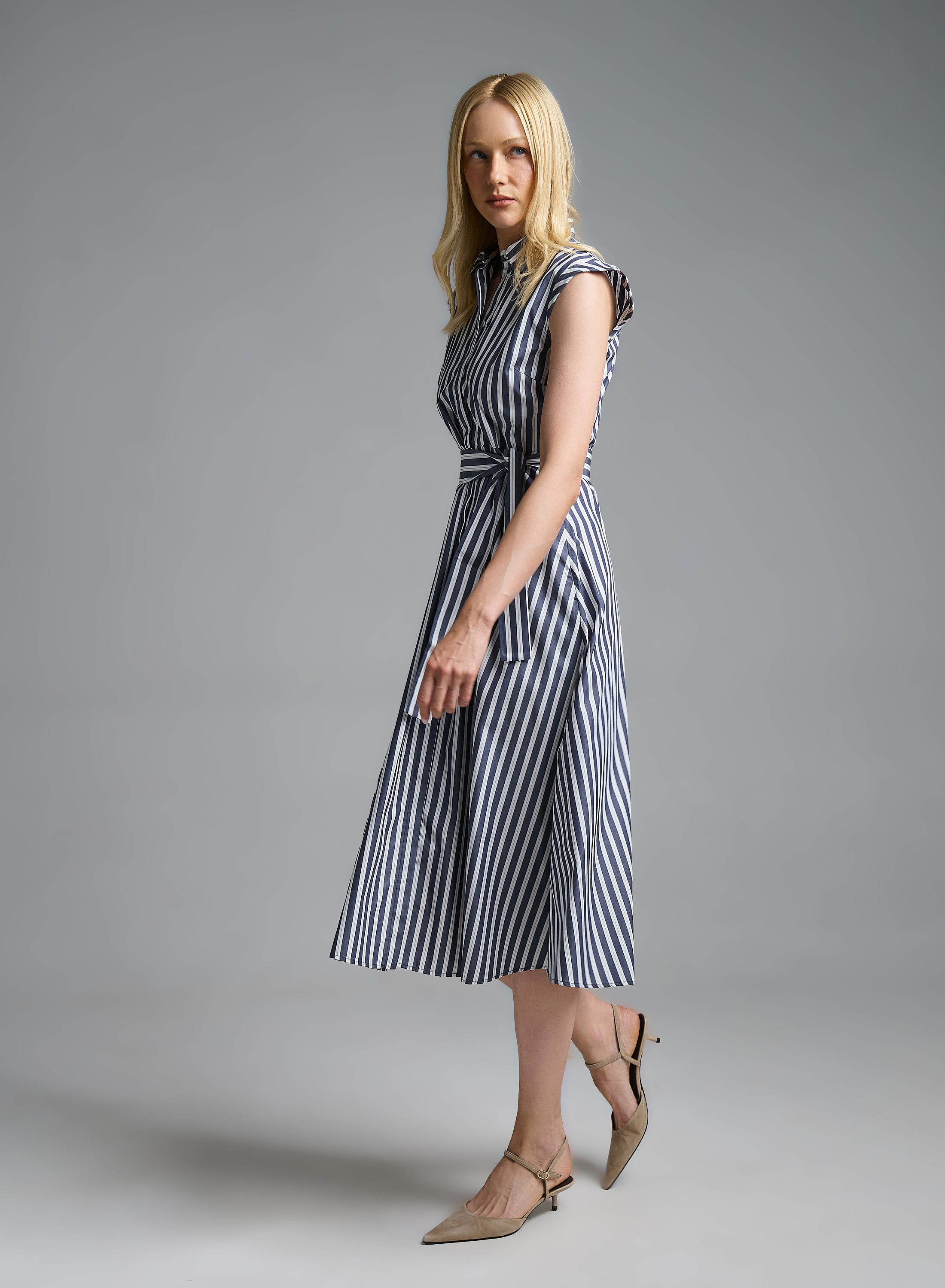 Navy Blue-Λευκό Πουκαμισοφόρεμα ποπλίνα με ζώνη Emme Marella - 7