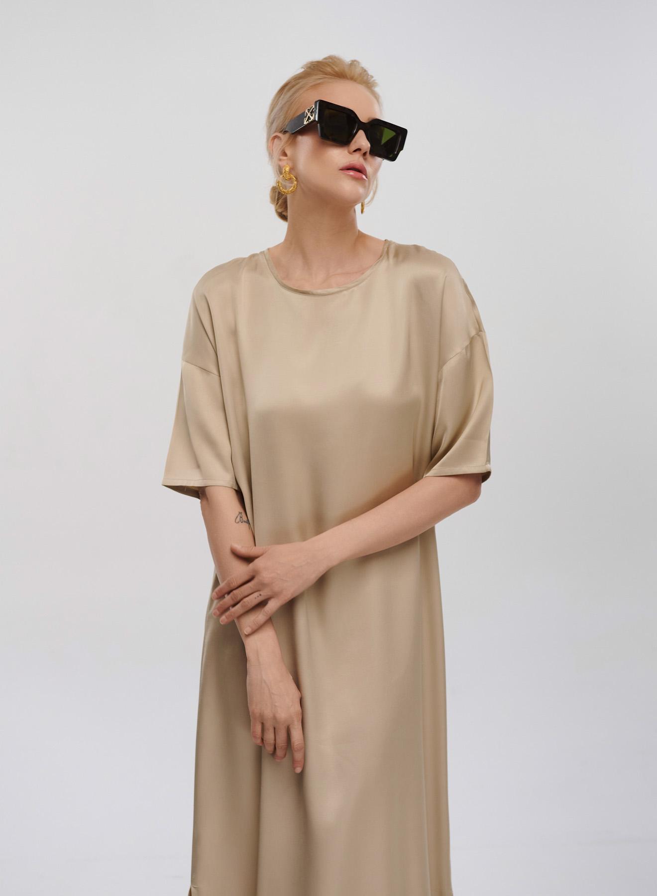 Beige silky touch long Dress with short sleeves Clothe - 2