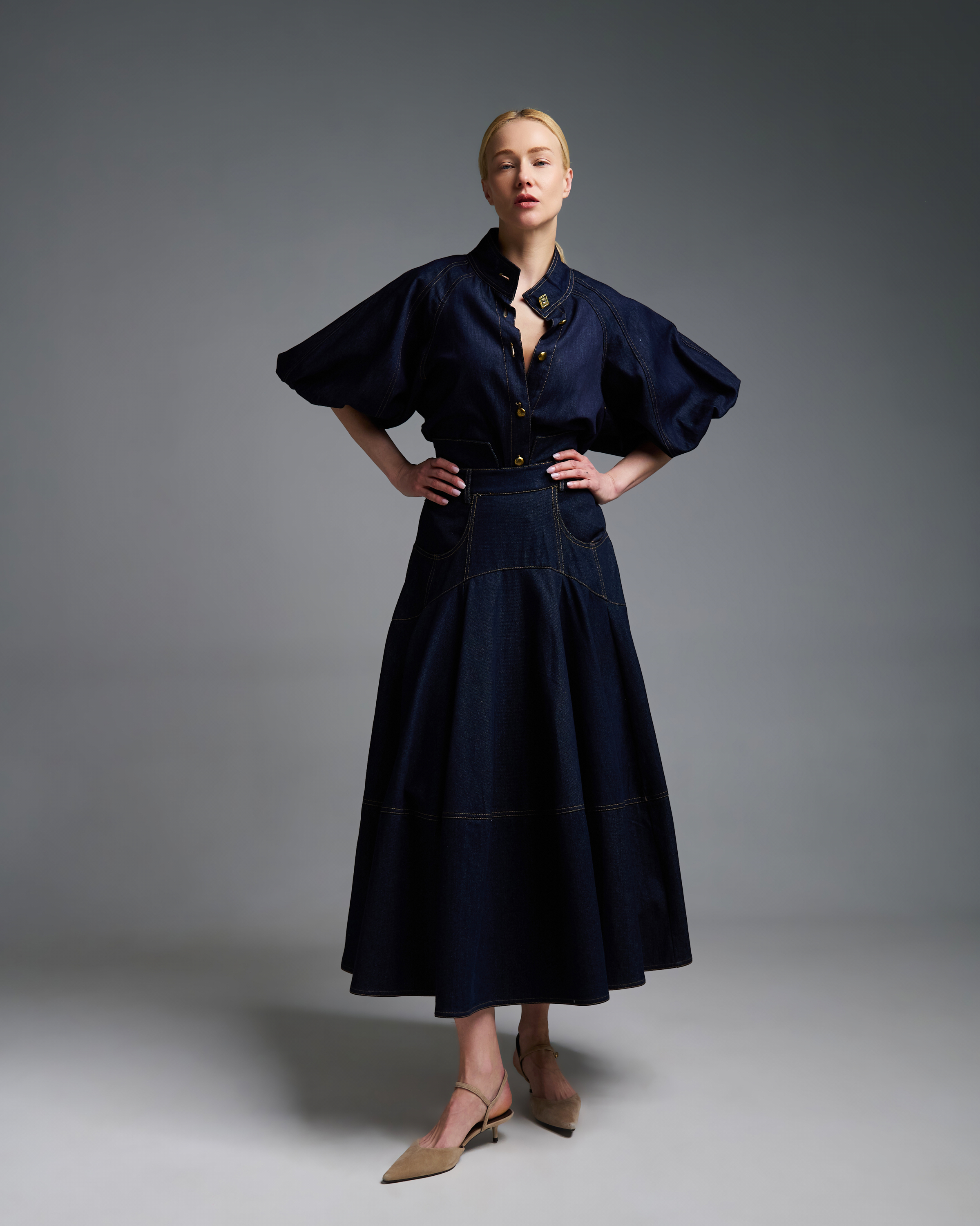 Navy Blue denim Shirt with three quarters balloon sleeves Royal - 7