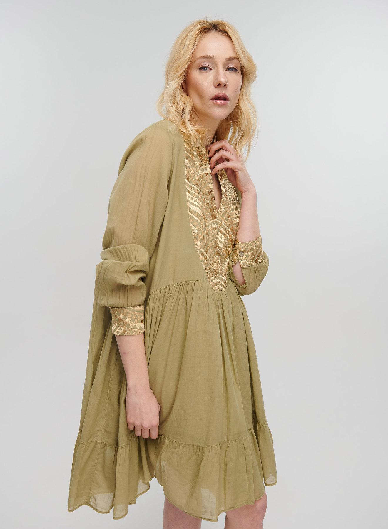Tea-Gold short new All Over Dress with long sleeves Greek Archaic Kori - 4