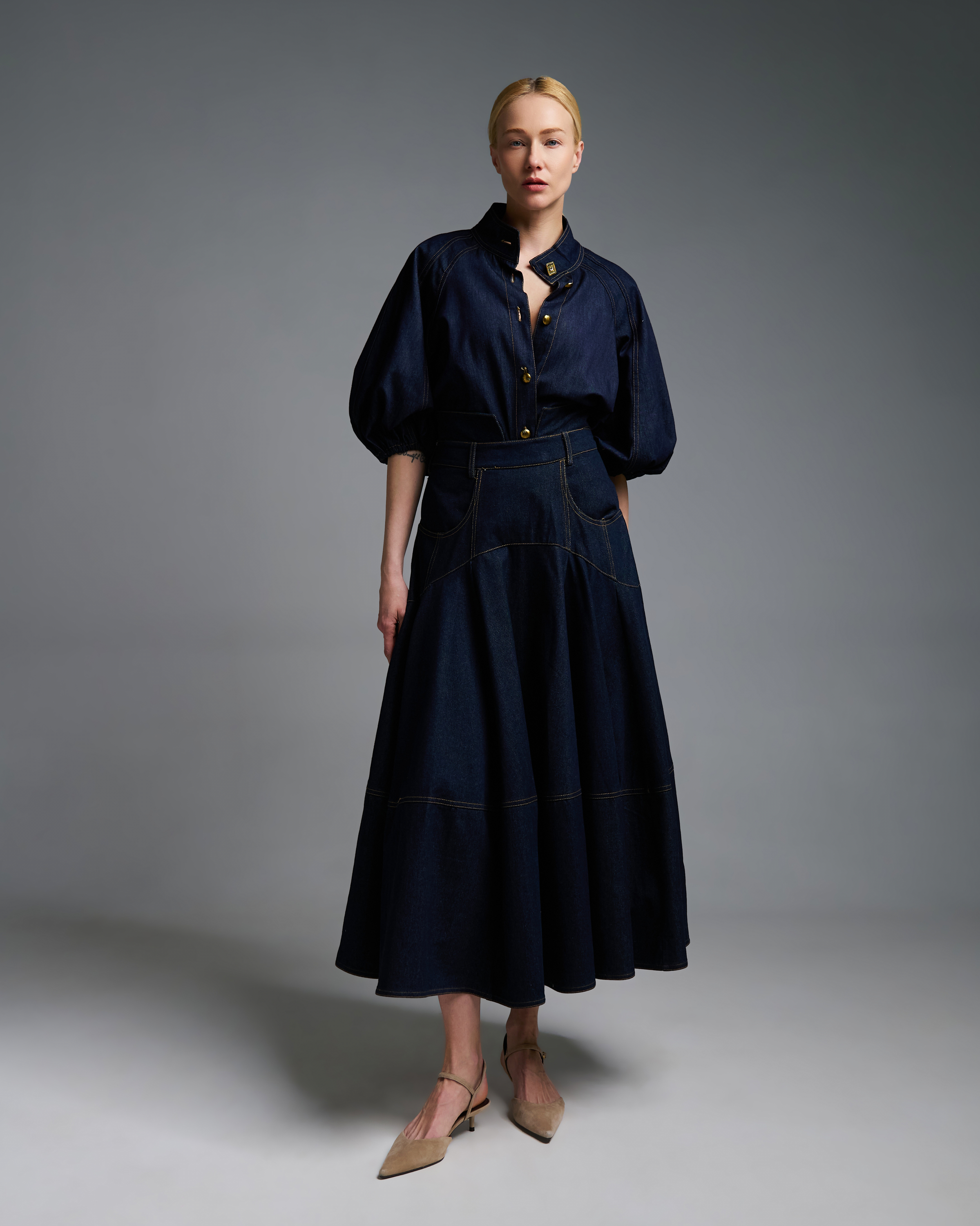 Navy Blue denim Shirt with three quarters balloon sleeves Royal - 3