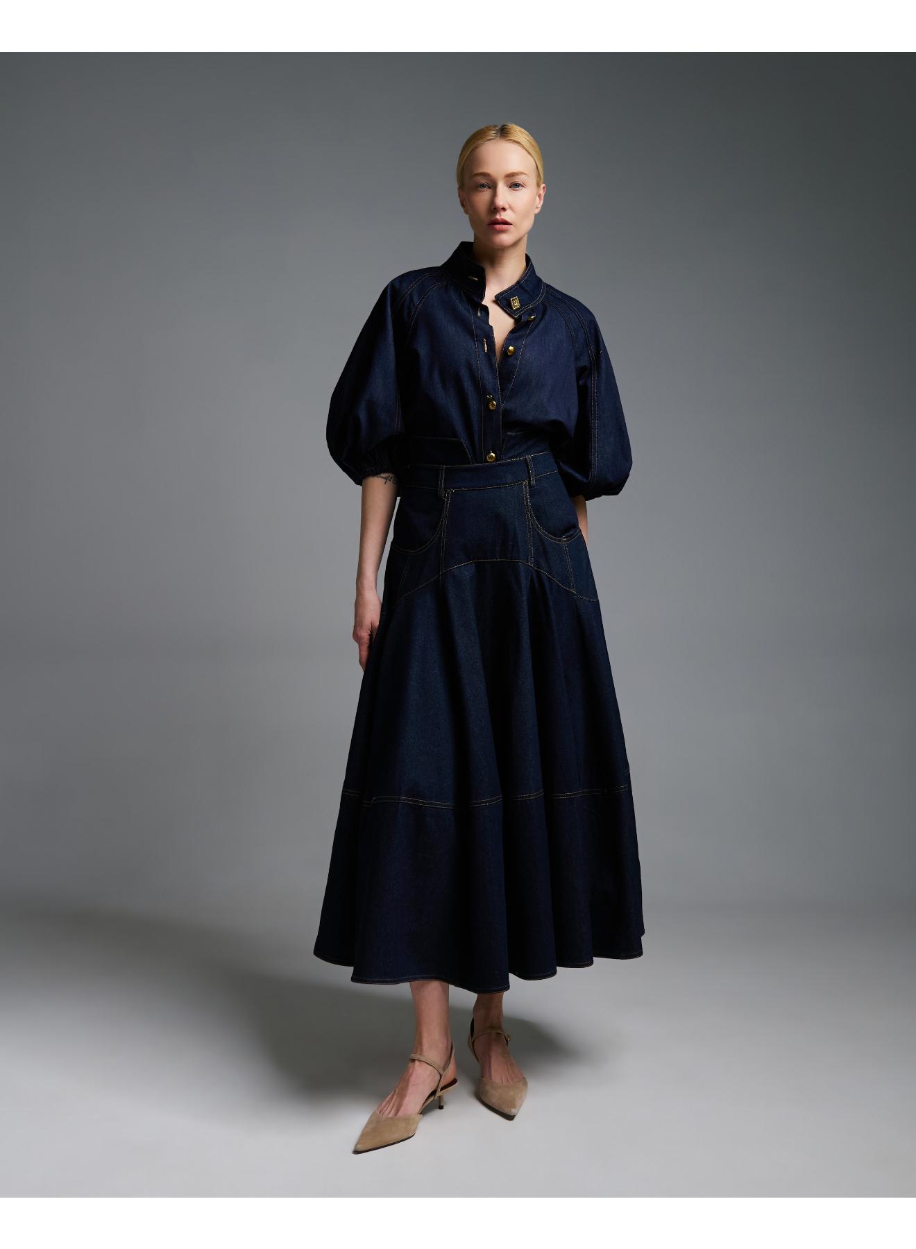 Navy Blue denim Shirt with three quarters balloon sleeves Royal - 4