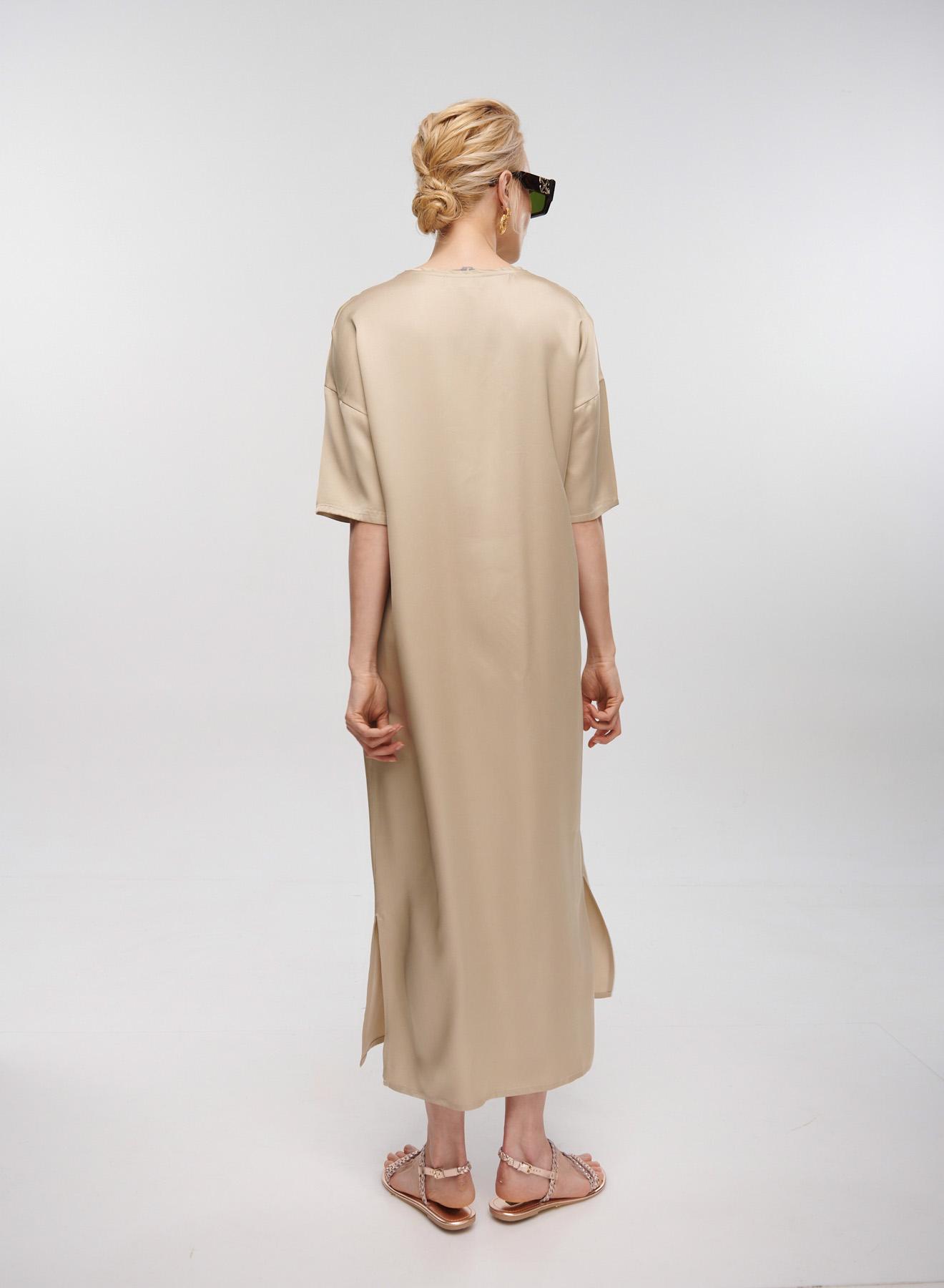 Beige silky touch long Dress with short sleeves Clothe - 3