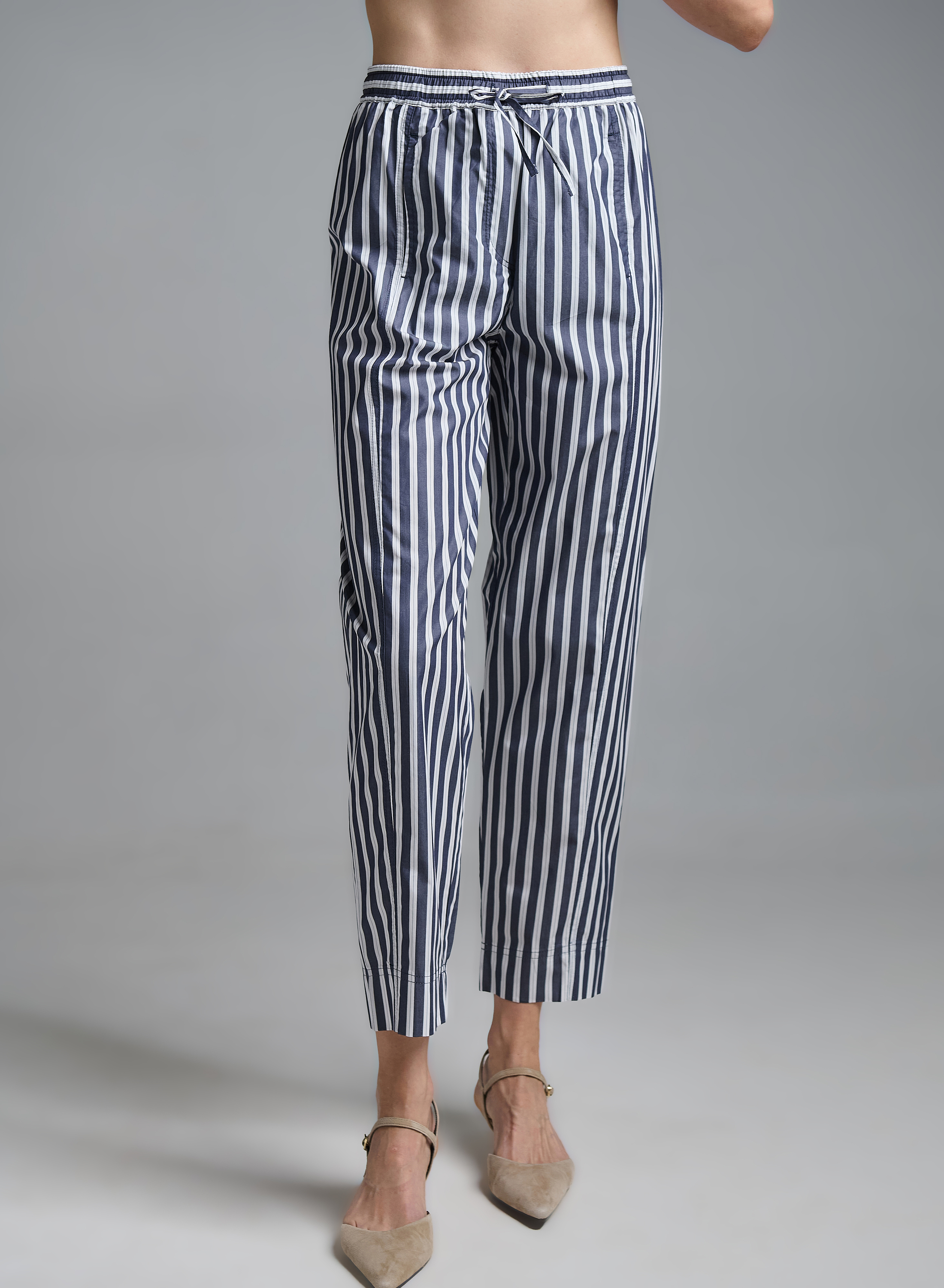Navy Blue-Λευκό Παντελόνι ποπλίνα με λάστιχο και κορδόνι στη μέση Emme Marella - 4