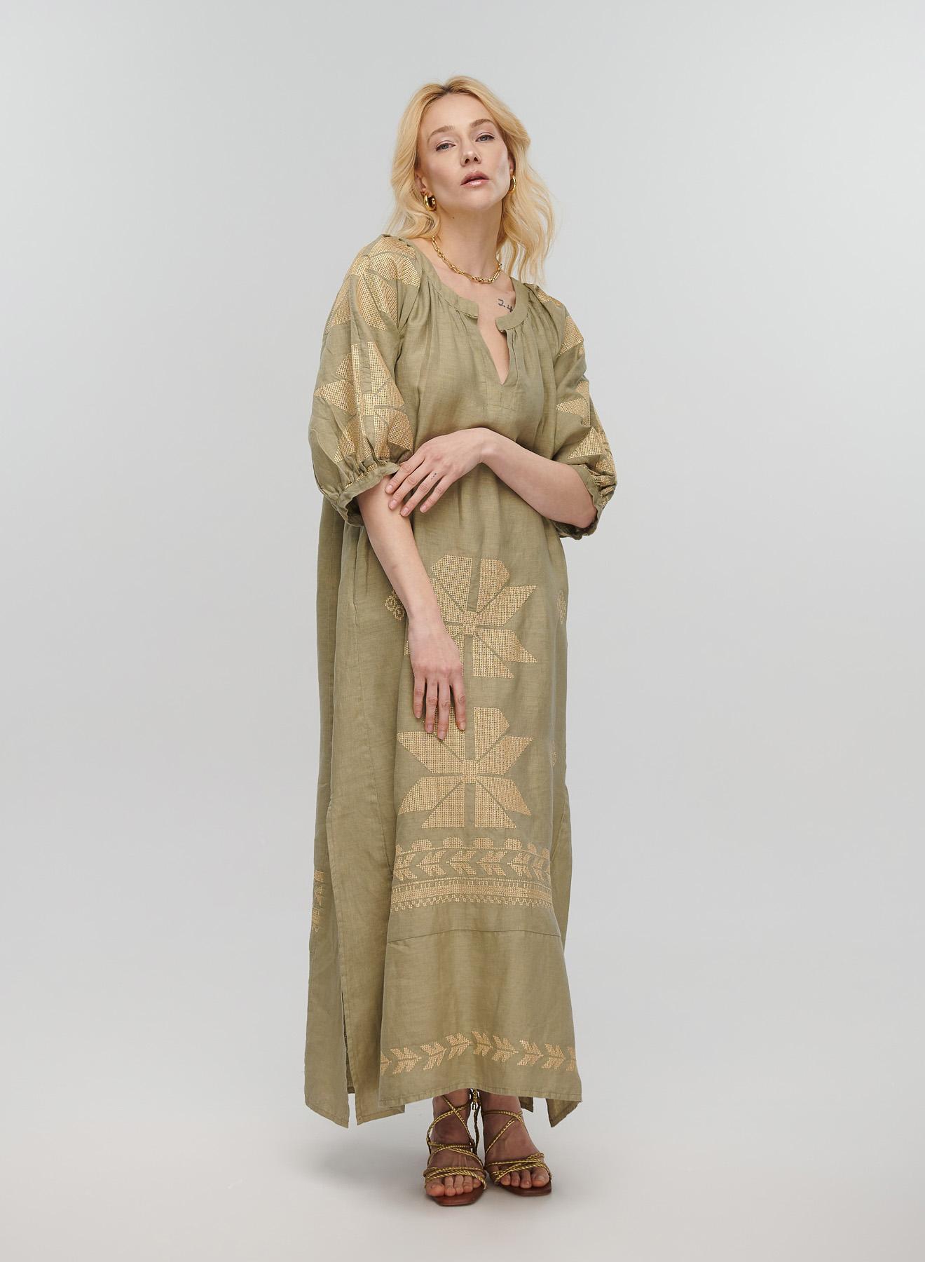 Tea-Gold linen long Dress AEOLIS Greek Archaic Kori - 3