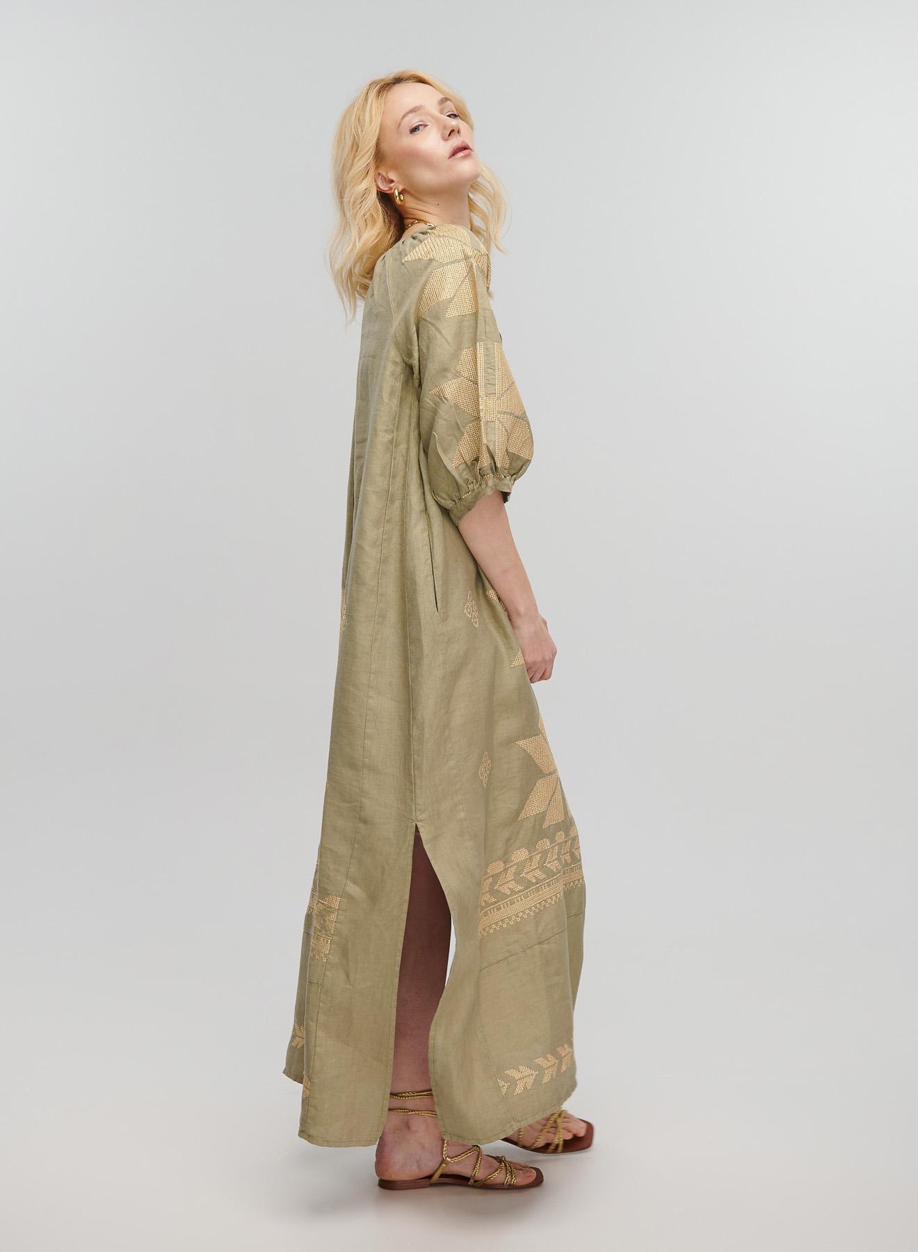 Tea-Gold linen long Dress AEOLIS Greek Archaic Kori - 1