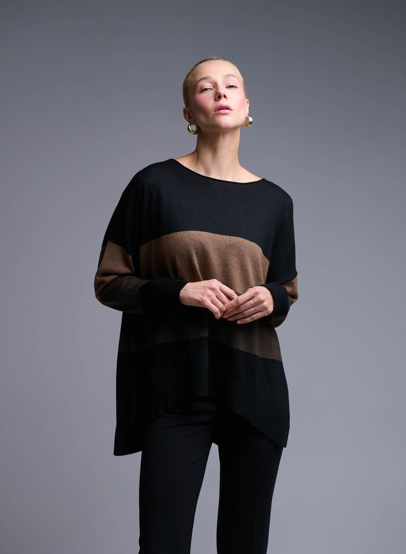 Black-Brown loose fit Sweater with wide stripes See - 2