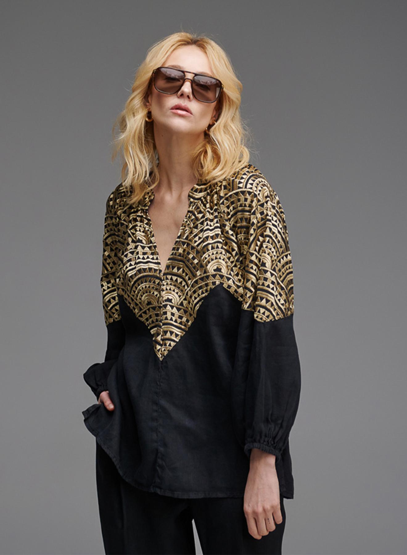 Black-Gold new All Over Linen Blouse with puffy long sleeves and with V neckline Greek Archaic Kori - 1