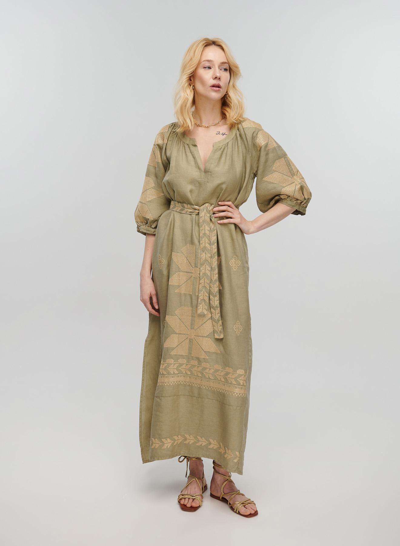 Tea-Gold linen long Dress AEOLIS Greek Archaic Kori - 5