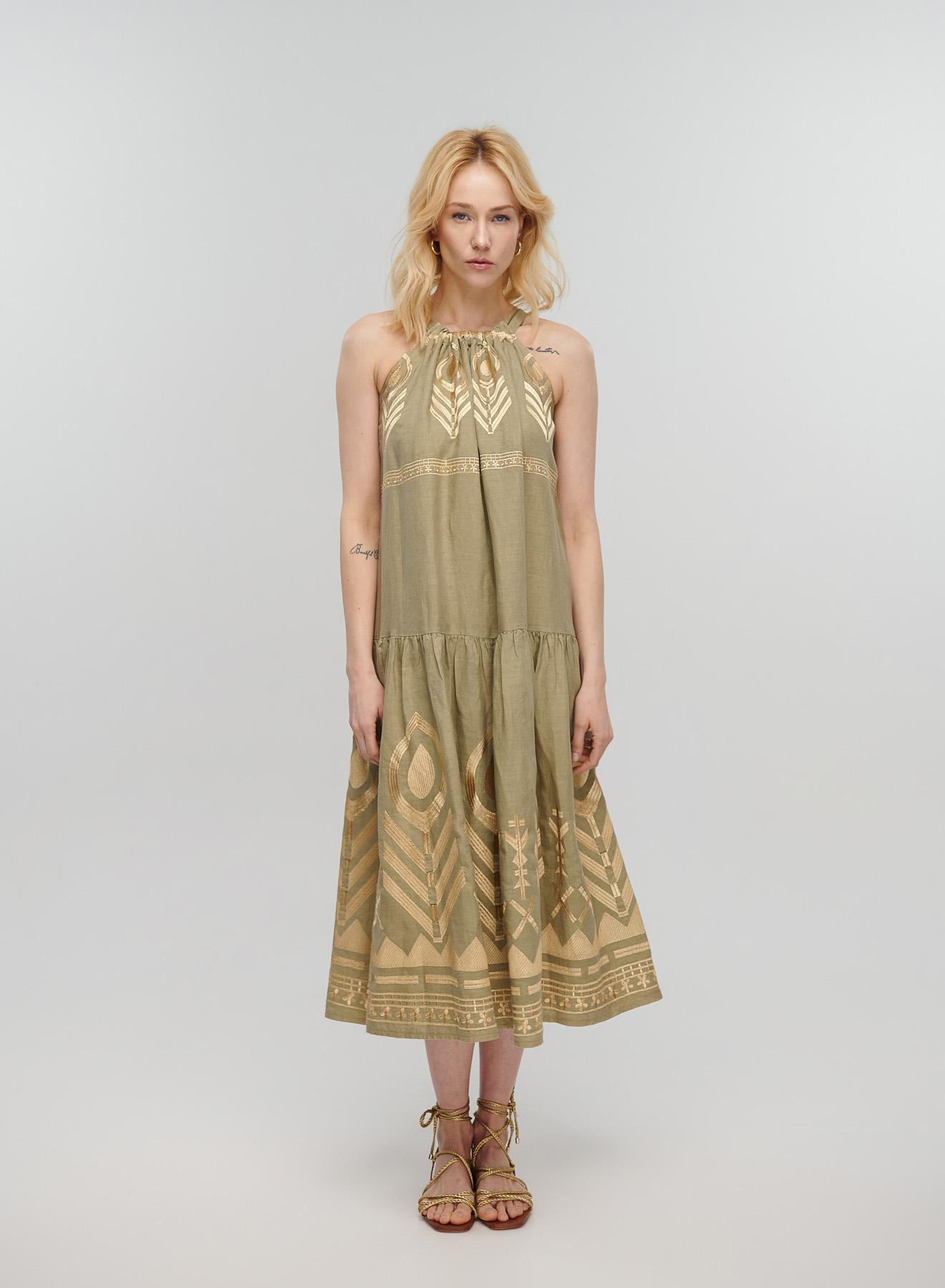 Tea-Gold linen Dress feather with halter neck Greek Archaic Kori - 1