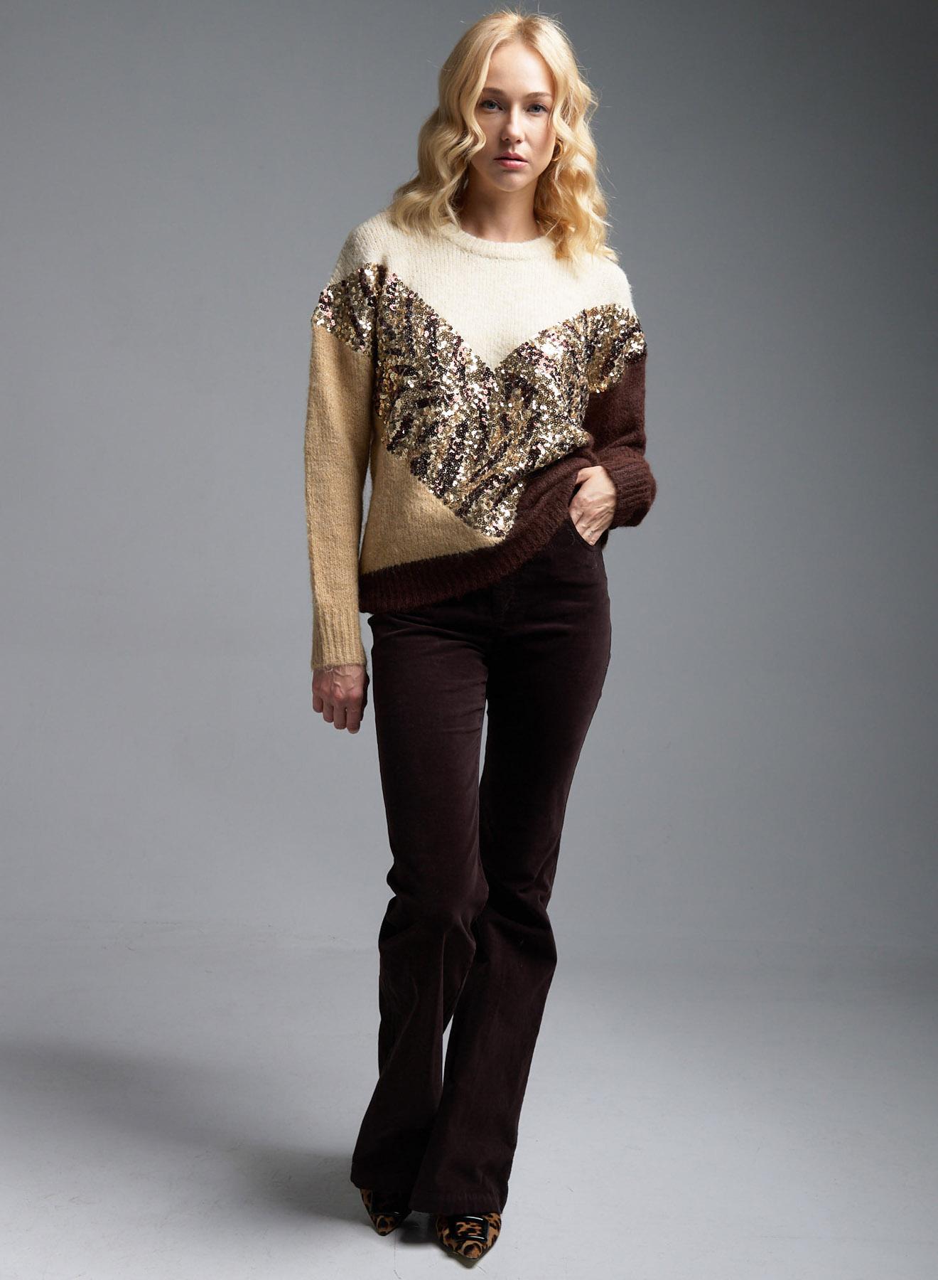 Ecru-Camel-Brown Sweater with round neckline and with sequins Bluoltre - 4