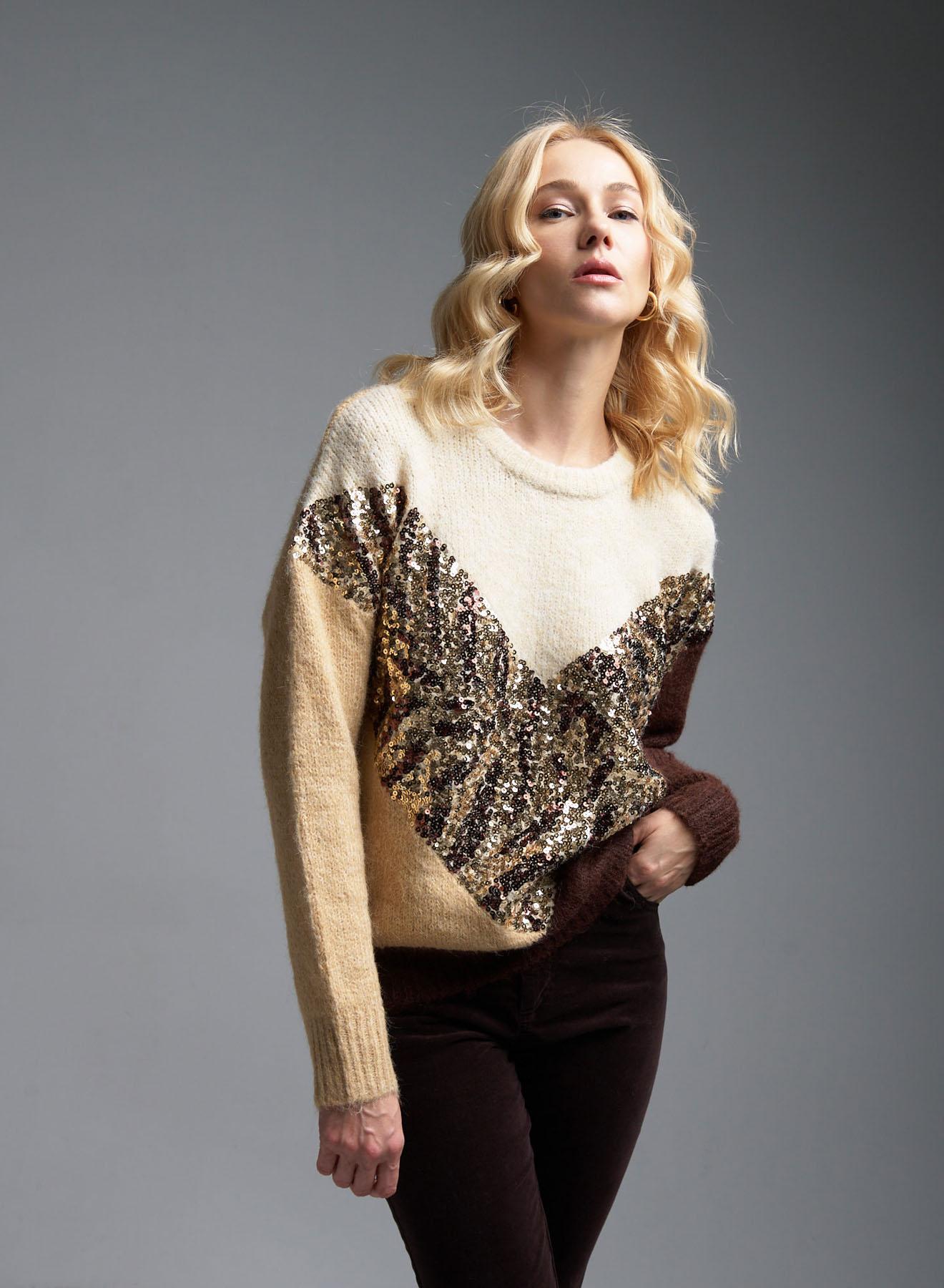 Ecru-Camel-Brown Sweater with round neckline and with sequins Bluoltre - 1