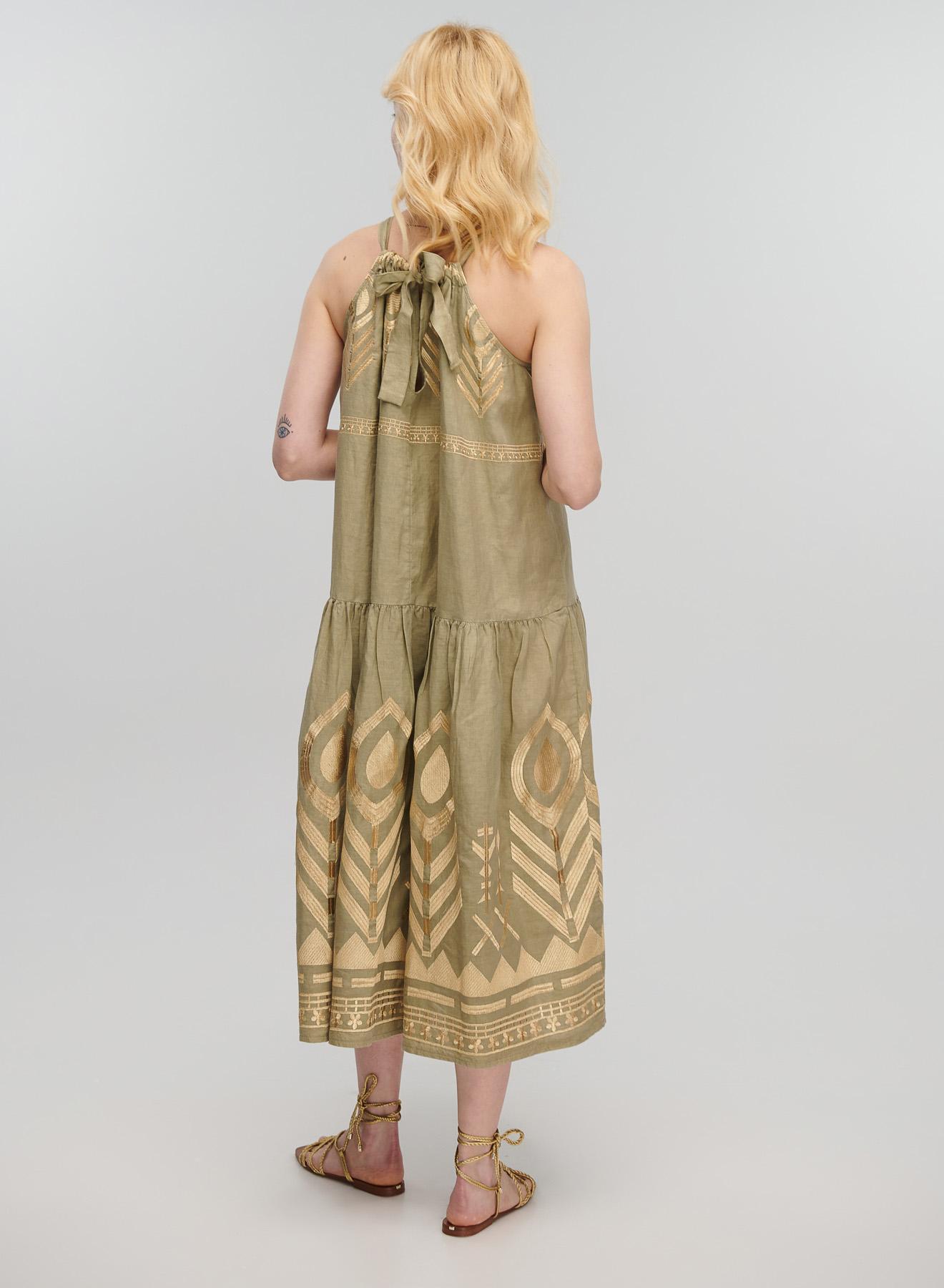 Tea-Gold linen Dress feather with halter neck Greek Archaic Kori - 3
