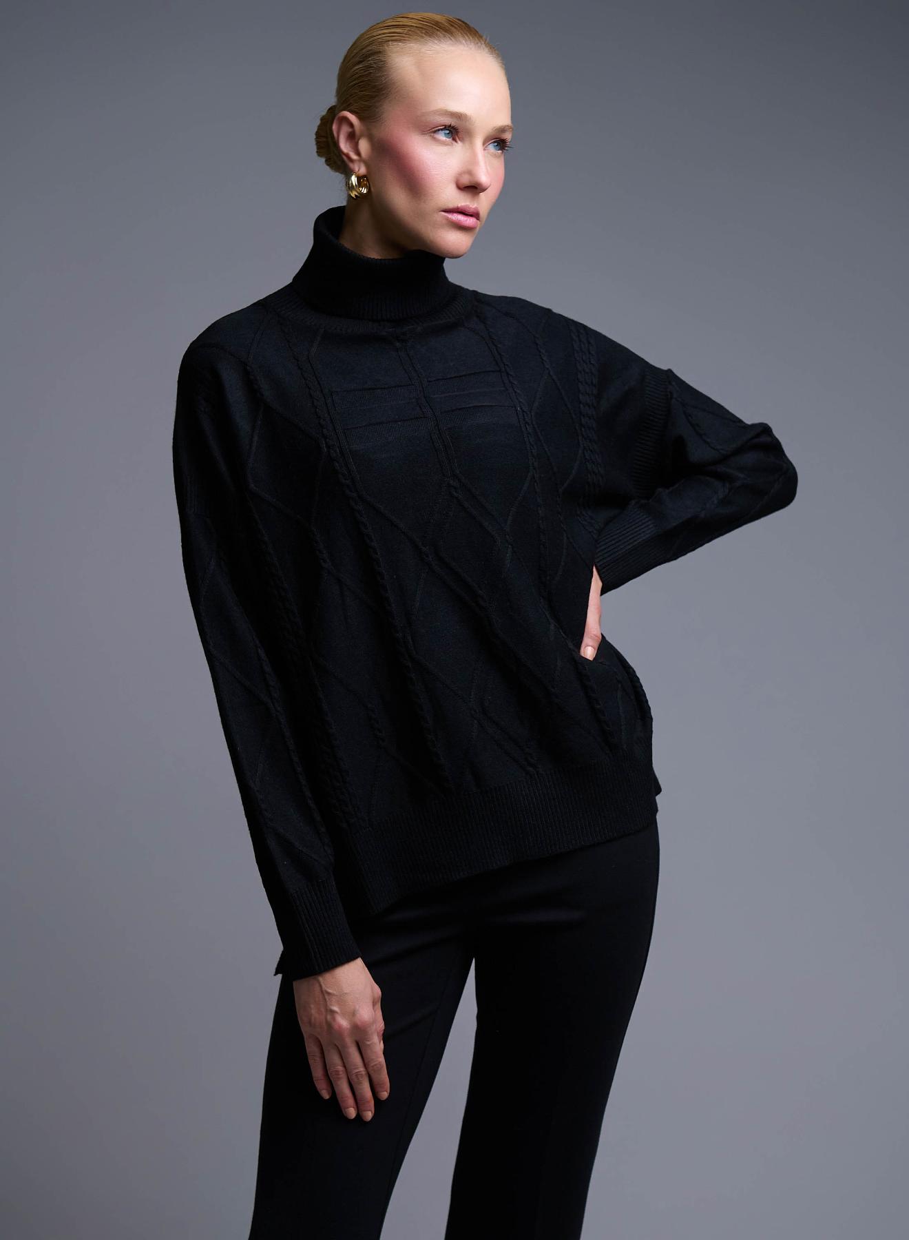 Black turtleneck Sweater with textured details See - 1